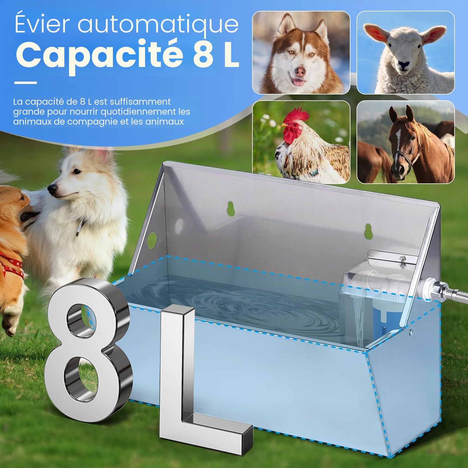 Abreuvoir Automatique pour Chien Abreuvoir en Acier Inoxydable 8L pour Bétail avec Tuyau d’Eau 100cm et 150cm Kit de Soupape à Flotteur de Remplissage Automatique Réservoir d’Abreuvoir