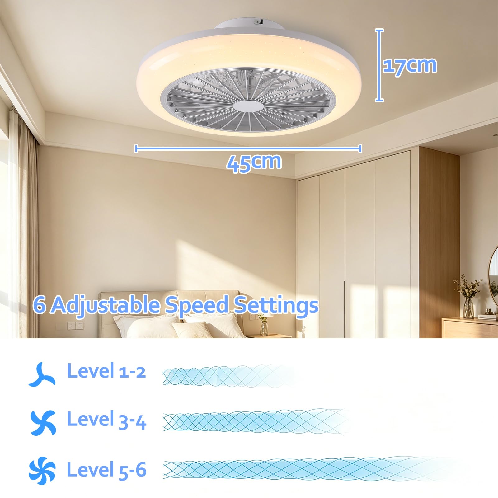 Deckenventilator mit Beleuchtung RGB 45cm Schlafzimmer, mit Lautsprecher | Fernbedienung und APP, Dimmbar, 6 Windstufen Reversibel, Leise, Timer