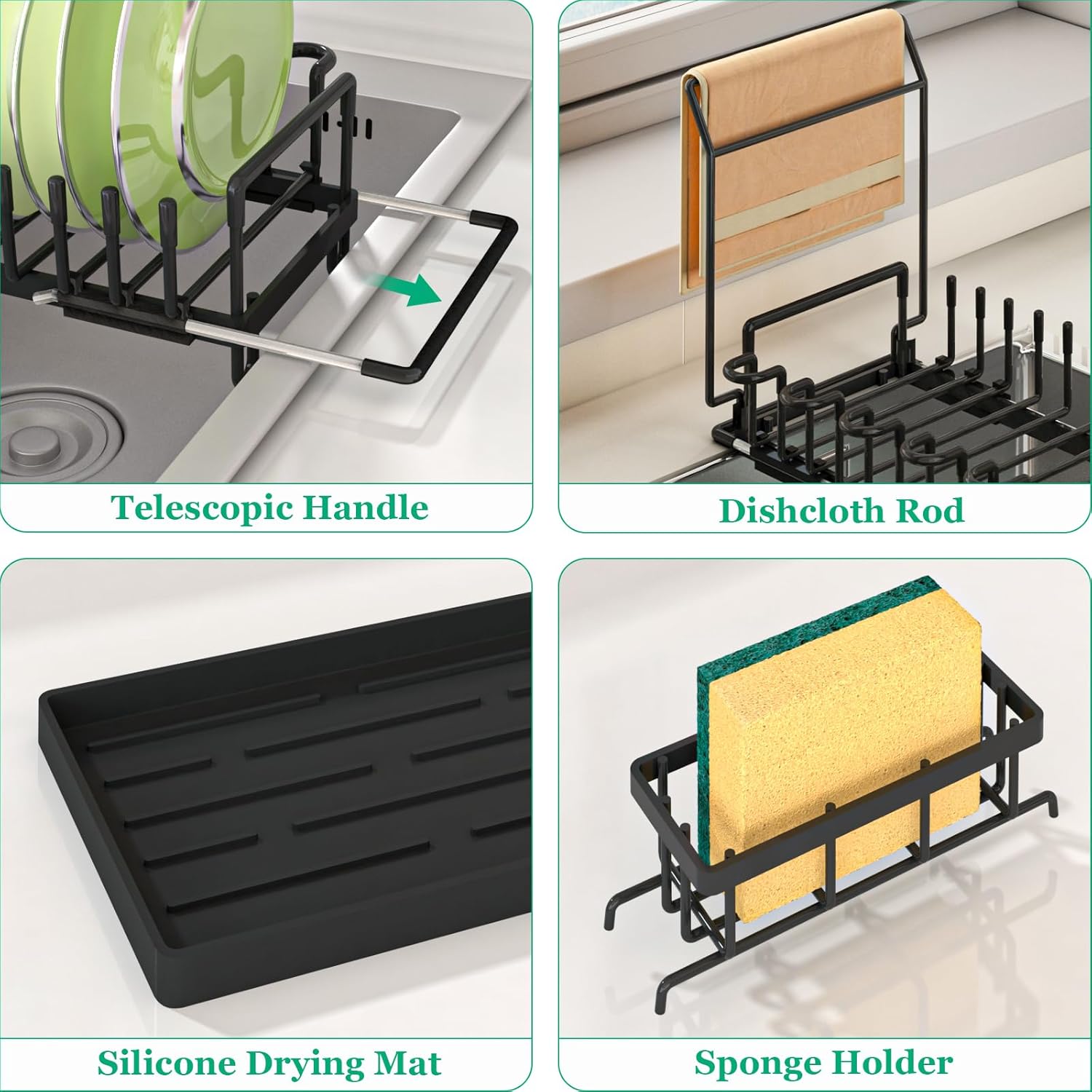 in Sink Dish Drying Rack with Silicone Mat, Expandable Dishes Racks for Kitchen Sink, with Towel Bar, Black
