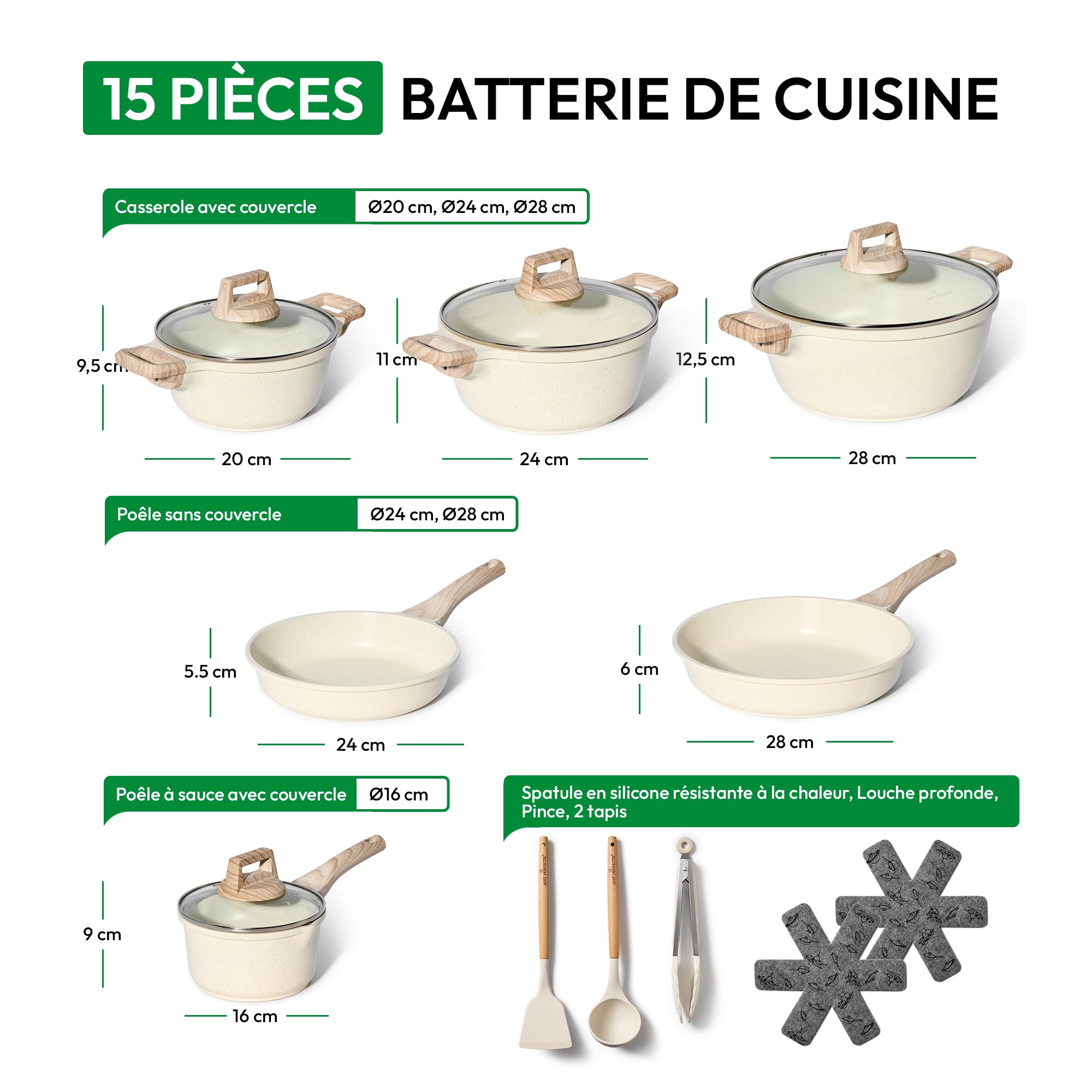 JUST PERFECTO Batterie de cuisine induction - set de casseroles tout feux avec couvercle en verre - lot avec des poêles anti adhesive, sans PFOA et PTFE