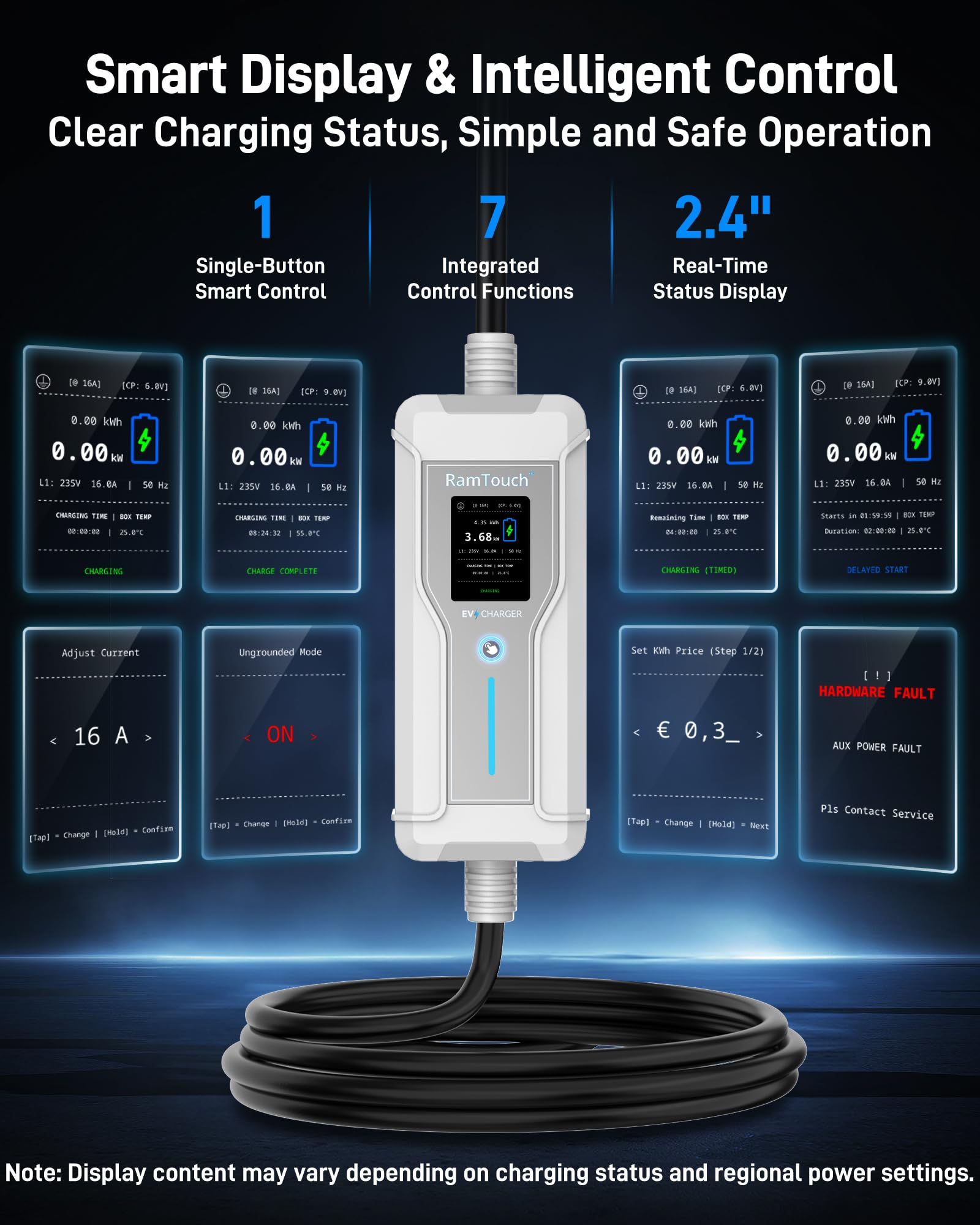 Caricatore EV (3,7 kW, 16 A, 5 m) | Spina CEE blu 16A a Tipo 2 | Monofase | IP67 | 6-16 A | Timer e avvio ritardato | LCD 2,4" | RCD AC/DC | Cavo Modo 2 / Wallbox Portatile | per EV e PHEV