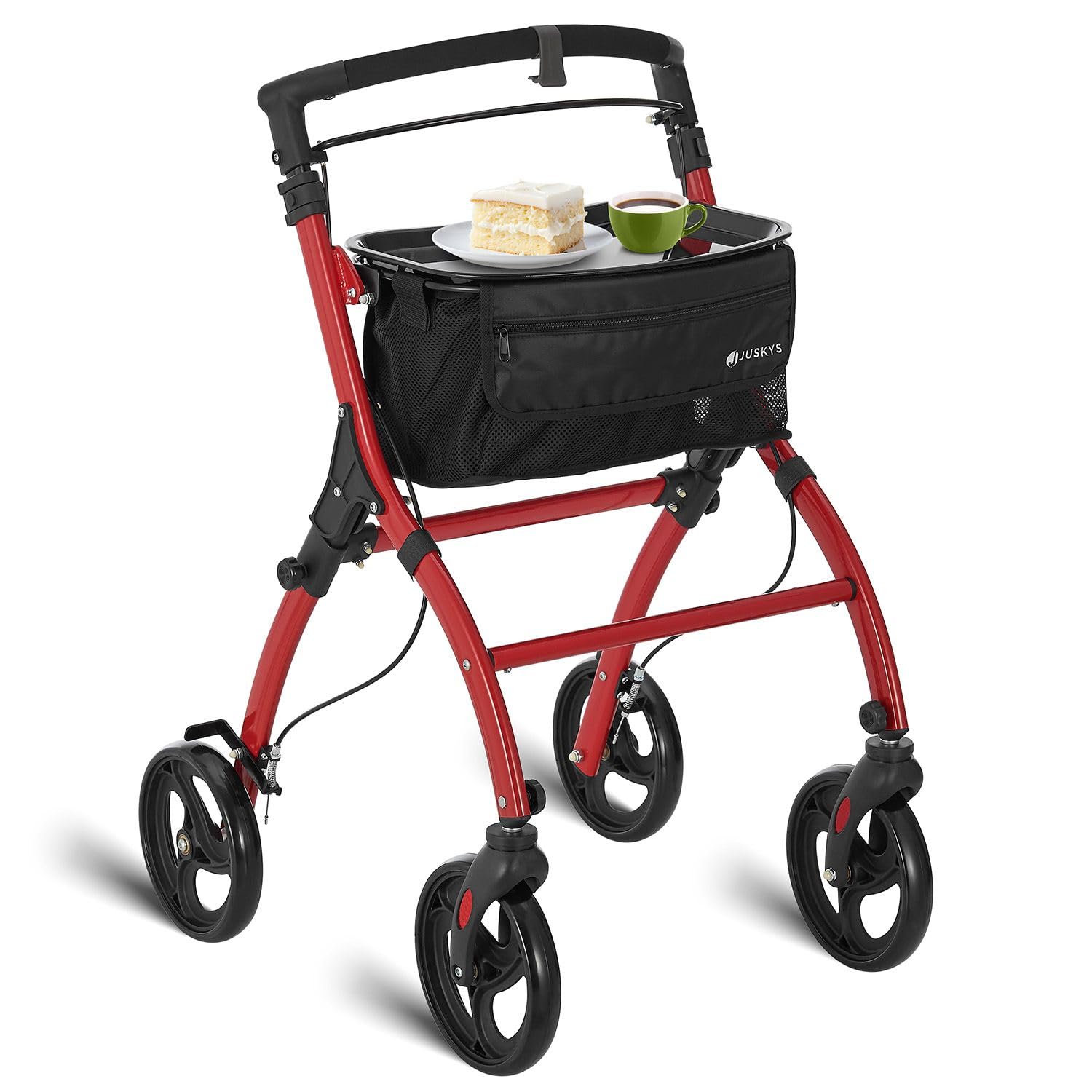 Juskys Aluminium Wohnungsrollator Aktiv mit Transporttasche & Tablett - Indoor Rollator schmal, leicht & faltbar - Gehhilfe für Senioren - Rot