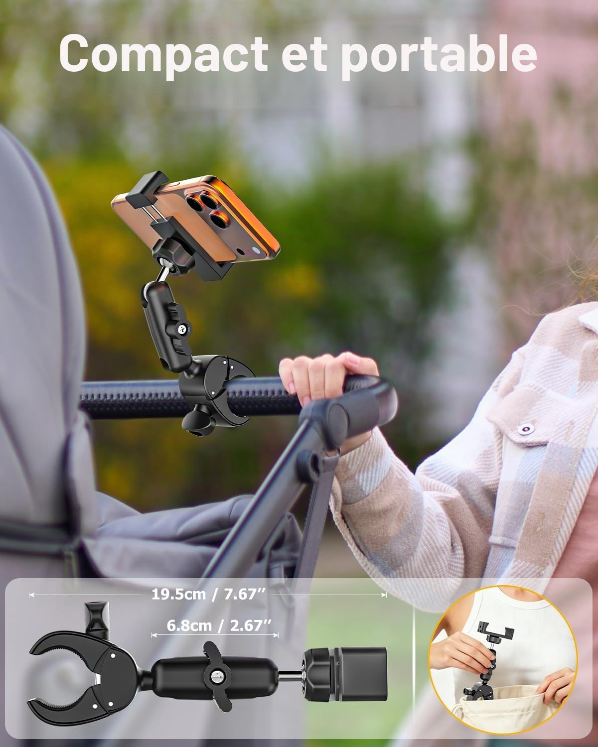 Support Téléphone Poussette - Bras Métallique à 360° & Super Stable | Velo Appartement Home Trainer Tapis de Course Support Guidon pour iPhone 17 Pro Max, 16, 15, Galaxy S26, S25, Pixel, 4-7"