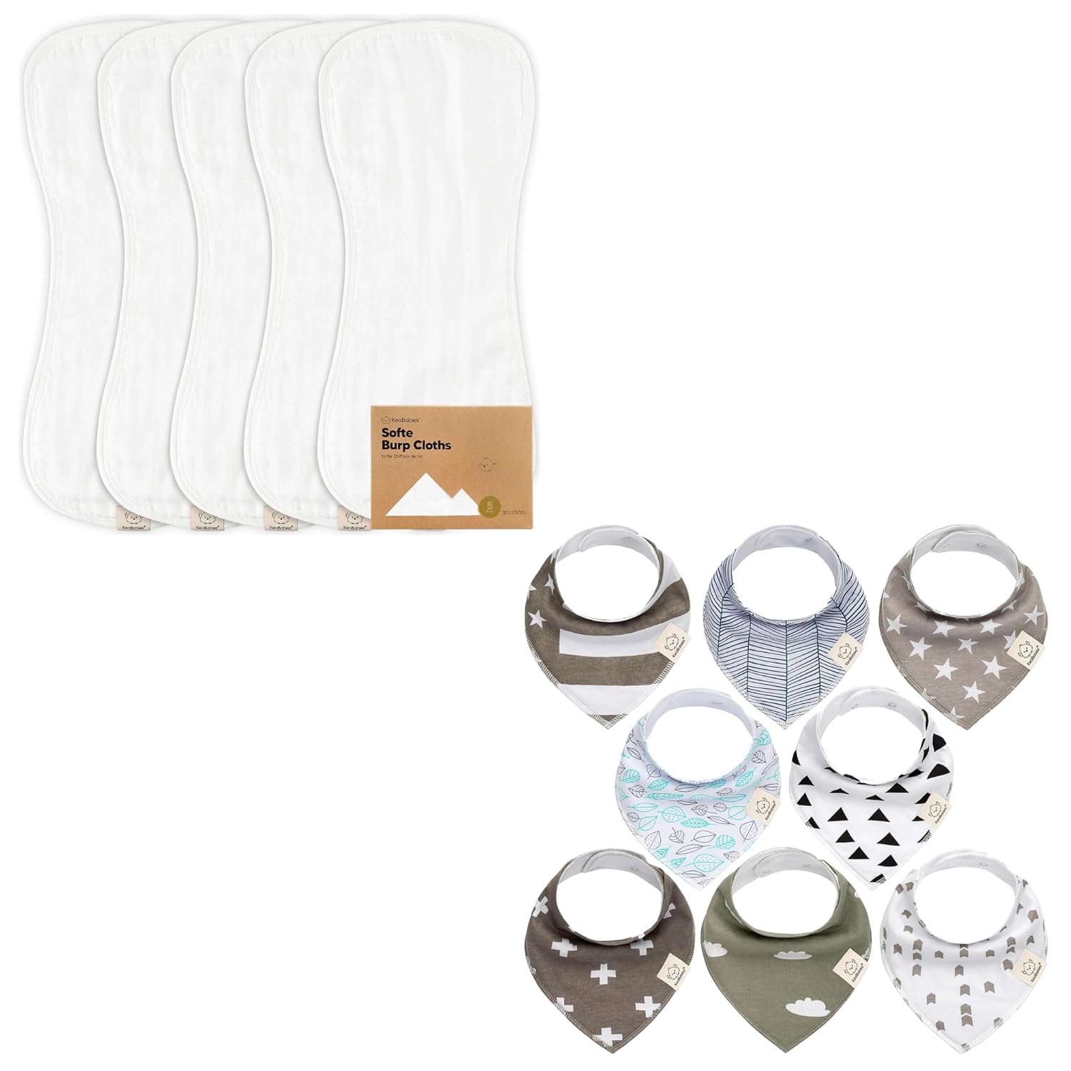 KeaBabies 5-Pack Muslin Baby Burp Cloths for Boys and Girls and 8-Pack Baby Bandana Bibs - Cotton Kids Washcloths, Burping Rags - Drooling and Teething Scarf for Kids, Toddlers