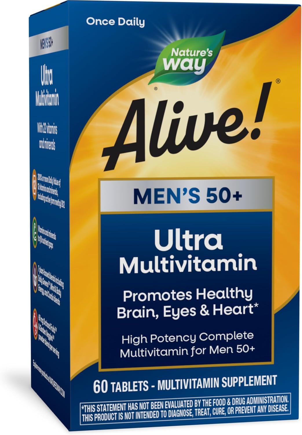 Nature’s Way Alive! Men’s 50+ Daily Ultra Multivitamin, High Potency Formula, Supports Healthy Brain, Eyes & Heart*, with Methylated B12, Gluten-Free, 60 Tablets (Packaging May Vary) Nature’s Way Alive! Men’s 50+ Daily Ultra Multivitamin, High Potency Formula, Supports Healthy Brain, Eyes & Heart*, with Methylated B12, Gluten-Free, 60 Tablets (Packaging May Vary)