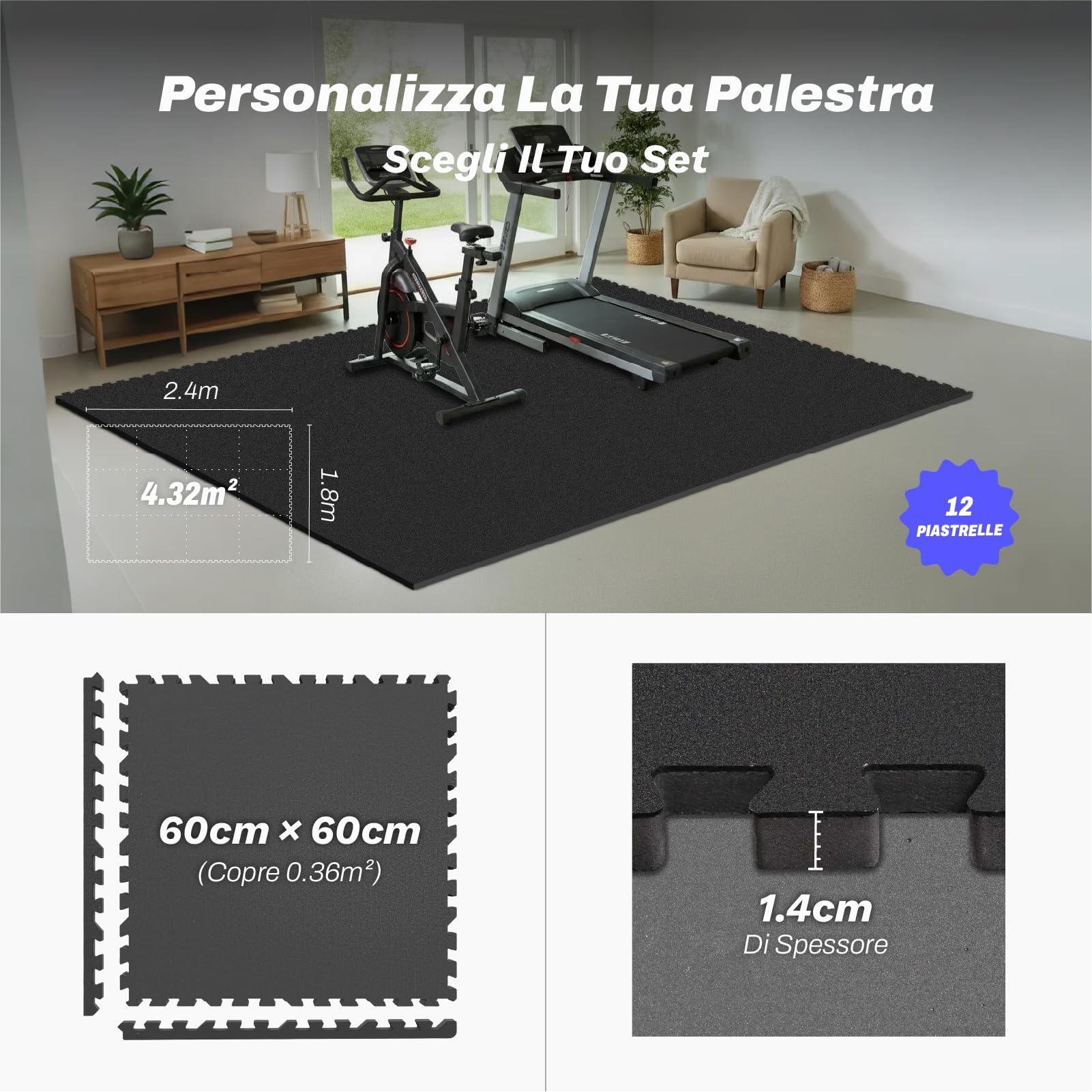 AIRHOP 12 pz 60x60x1,4cm Tappetino per Attrezzature da Esercizio, Superficie in Gomma Robusta e Spessa,Tappetino Puzzle per la Protezione del Pavimento, per Palestra e Casa,Tappetino Fitness BK-12PCS