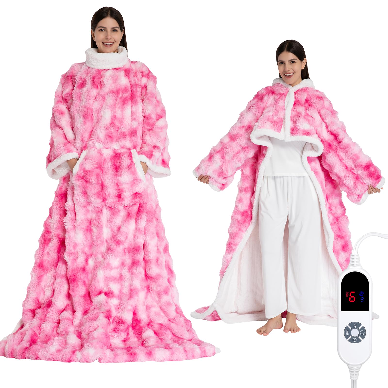 Wearable Heated Blanket, Luxury Faux Fur &amp; Sherpa Electric Throw Blanket with Sleeves, Foot Pockets, Heated Robe for Women Men Gift, 3 Heat Levels &amp; 12H Timer, ETL &amp; FCC Certified, 52"x 72" Pink