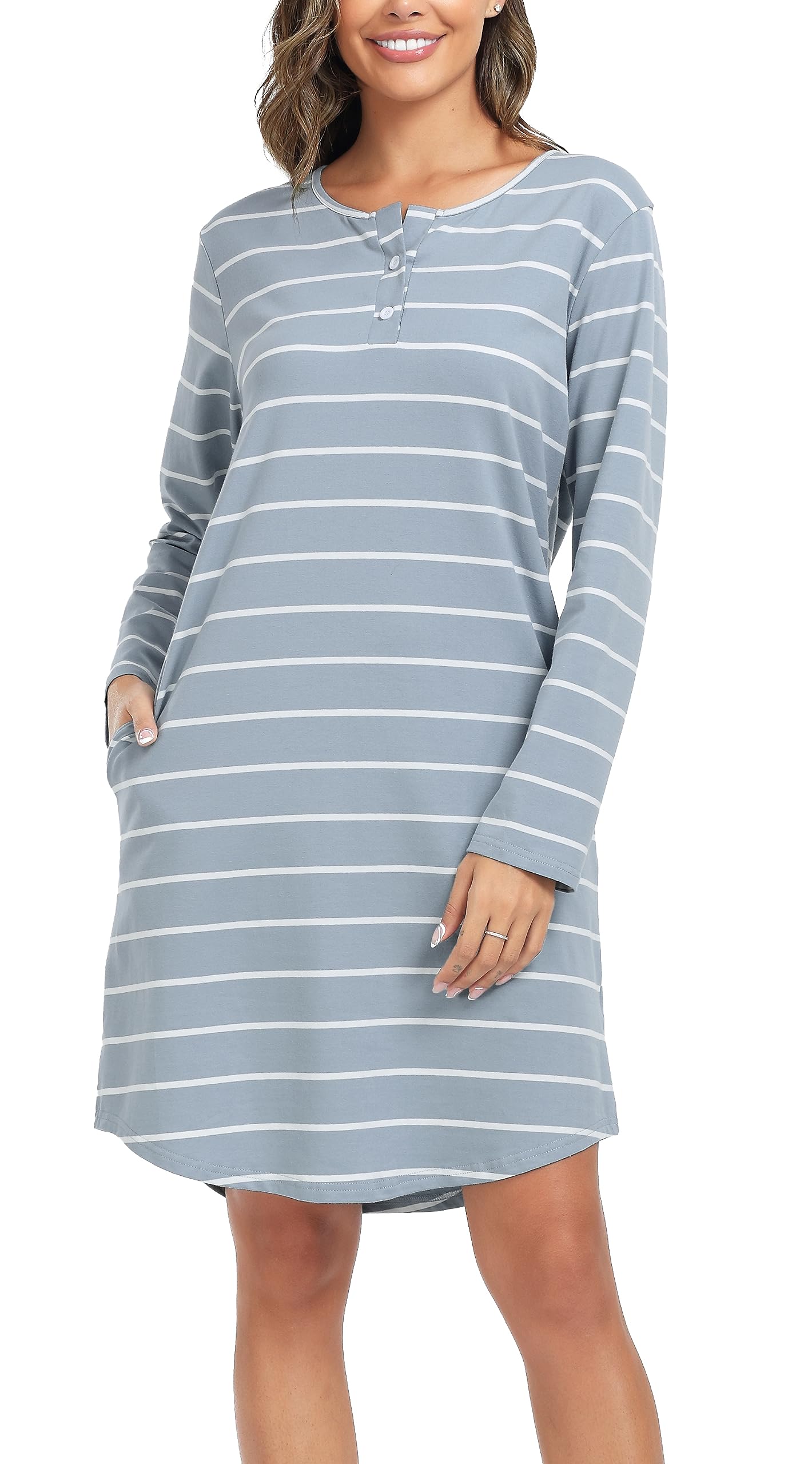 Lovasy Nachthemd Damen Baumwolle Schlafshirt Streifen Nachthemden für Damen mit Knopfleiste und Zwei Taschen