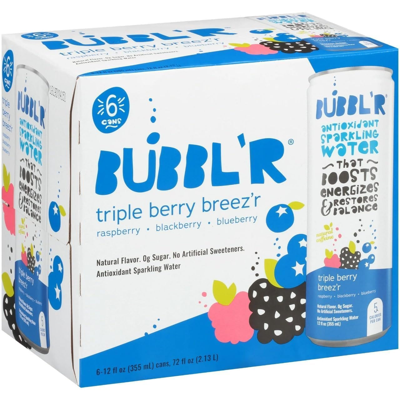 BUBBLR_Blood Antioxidant Sparkling Water, Triple Berry Breez'r, 6 Pack 12 fl oz Cans,