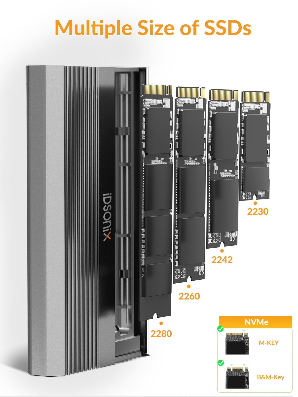 iDsonix Case SSD M.2 NVMe Doppia Baia USB C 3.2 Gen 2 10Gbps Adattatore SSD Enclosure Compatibile con M/B+M Key 2230/2242/2260/2280 SSDs, Tool-free, 2x4TB