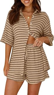 Tankaneo Womens Striped 2 Piece Sets Short Sleeve Lounge Set