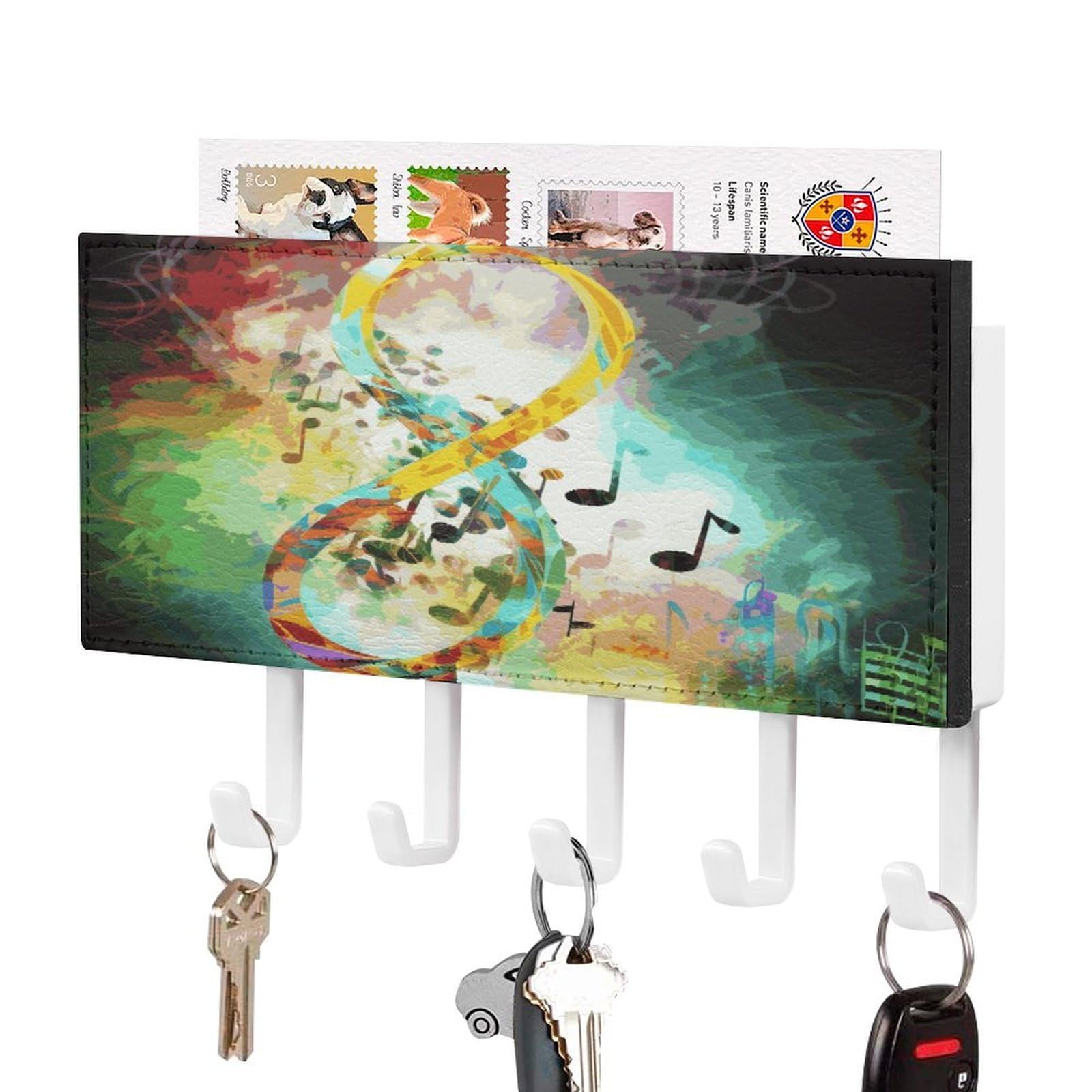 Vstadank White-Style Abstract Music Symbol Key Holder For Wall Mount With 5 Hooks Decorative Key And Mail Holder Farmhouse Wall Hooks With Shelf Pu Leather Key Rack With Mail Holders For Entryway Home