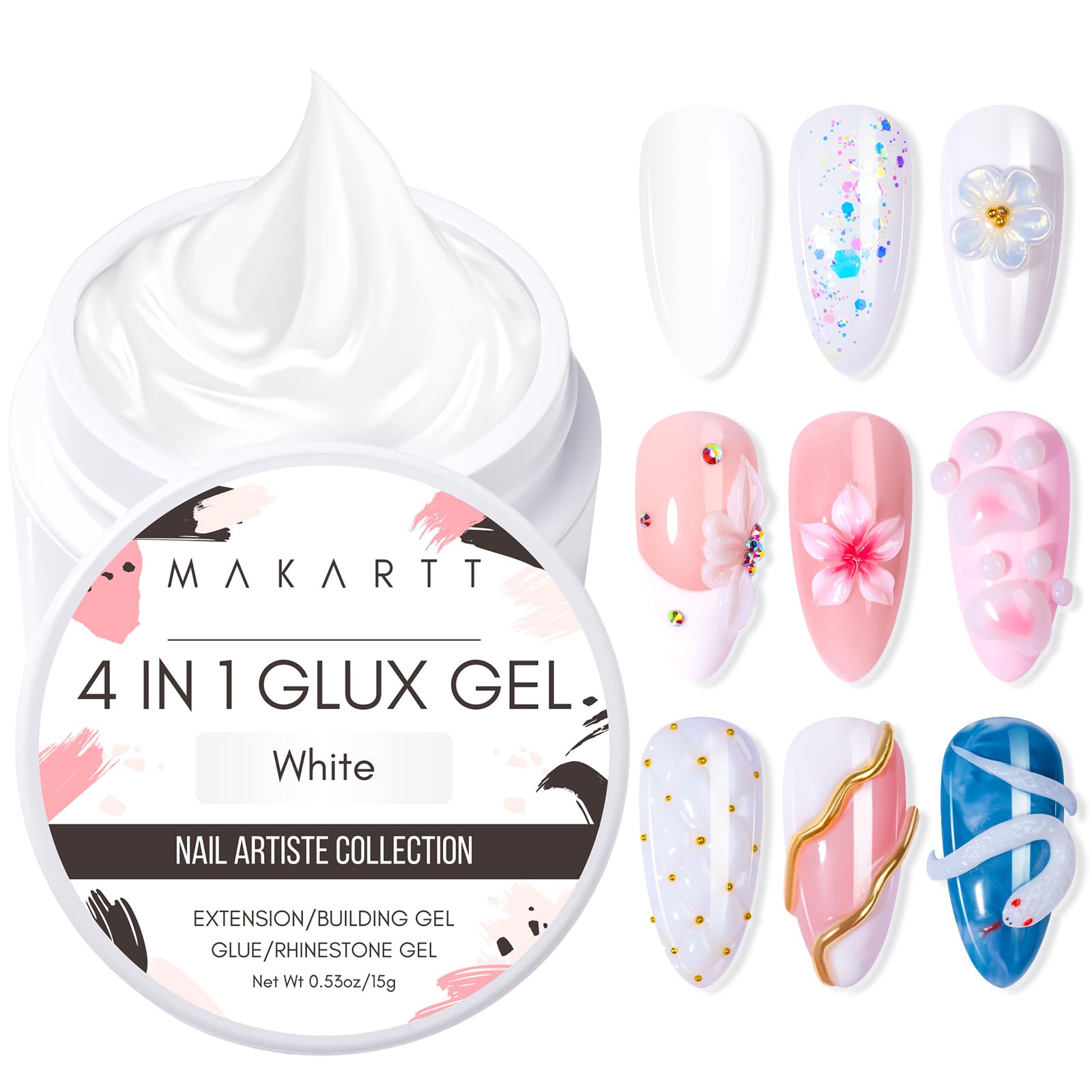 Makartt 4 en 1 Blanc Gel Constructeur Solide Non Collant 15 ml | Formule 4 en 1 : extension, sculpture 3D, construction et renforcement, idéale pour débutants et professionnels