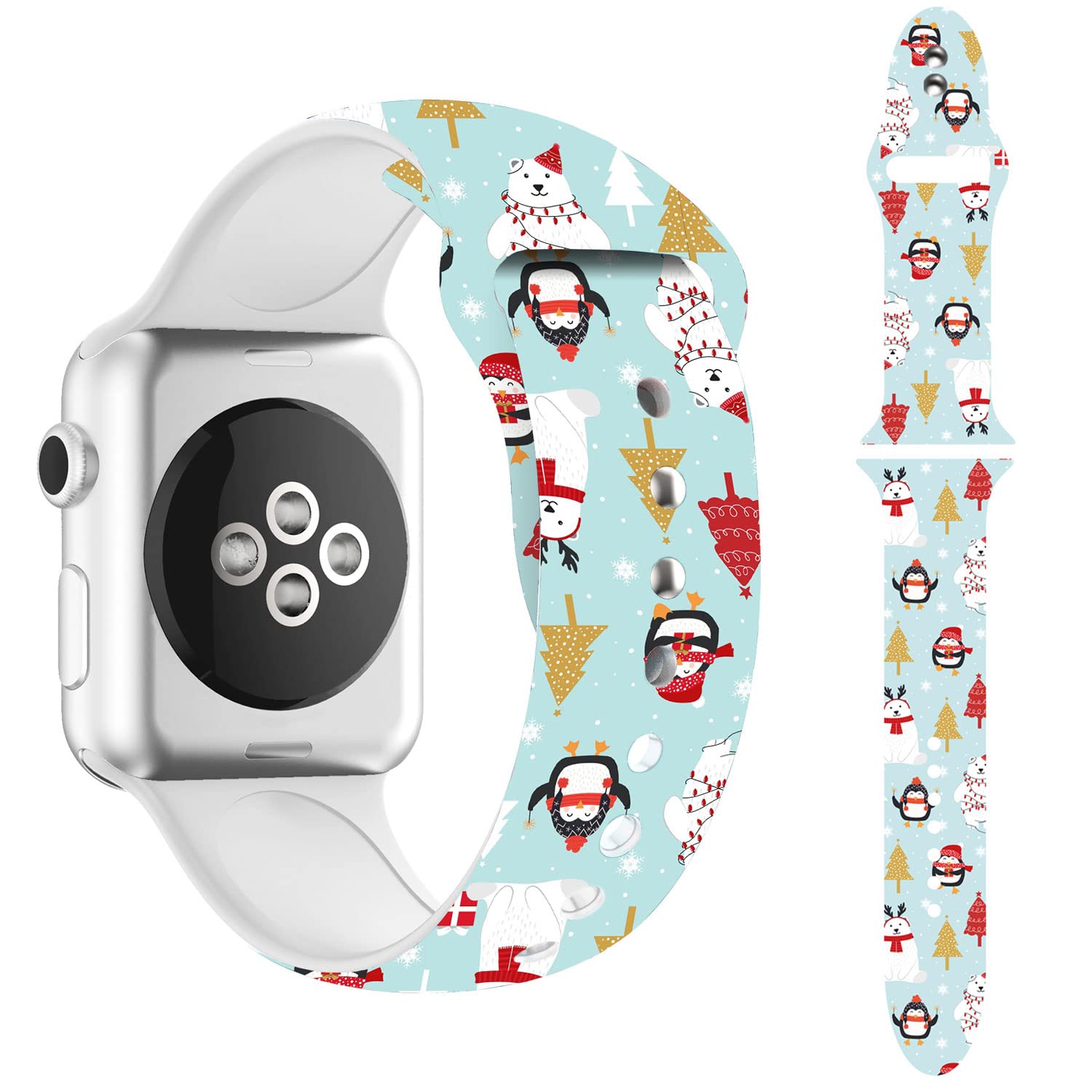 BONTOUJOUR 3D Print Soft Silicone Slim Band for Apple Watch Band 38mm 42mm 40mm 44mm 41mm 45mm,Christmas Bear Fox Snow Penguin Sport Strap for iWatch Series 7 6 5 4 3 2 1 SE Women Men