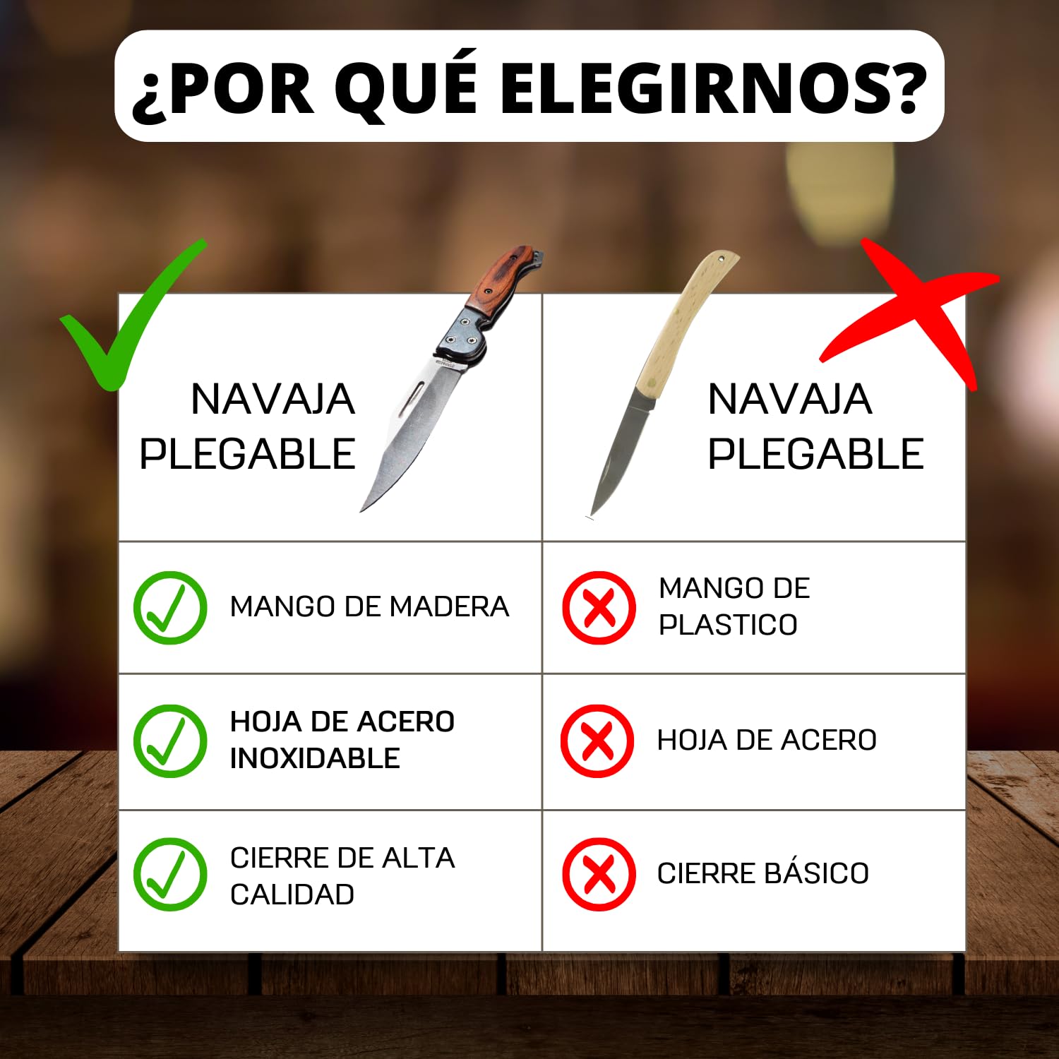 Navaja Pequeña con Cuchillo Plegable de Acero Inoxidable y Mango de Madera, Liviana y Compacta Navaja Española de Bolsillo o Llavero para Camping, Supervivencia, Trabajo, Caza, Pesca, Montaña