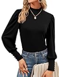 Qirno Womens Mock Neck Puff Long Sleeve Tops Casual Loose Solid Basic T Shirt Button Cuffs Pullovers Shirts Blouse