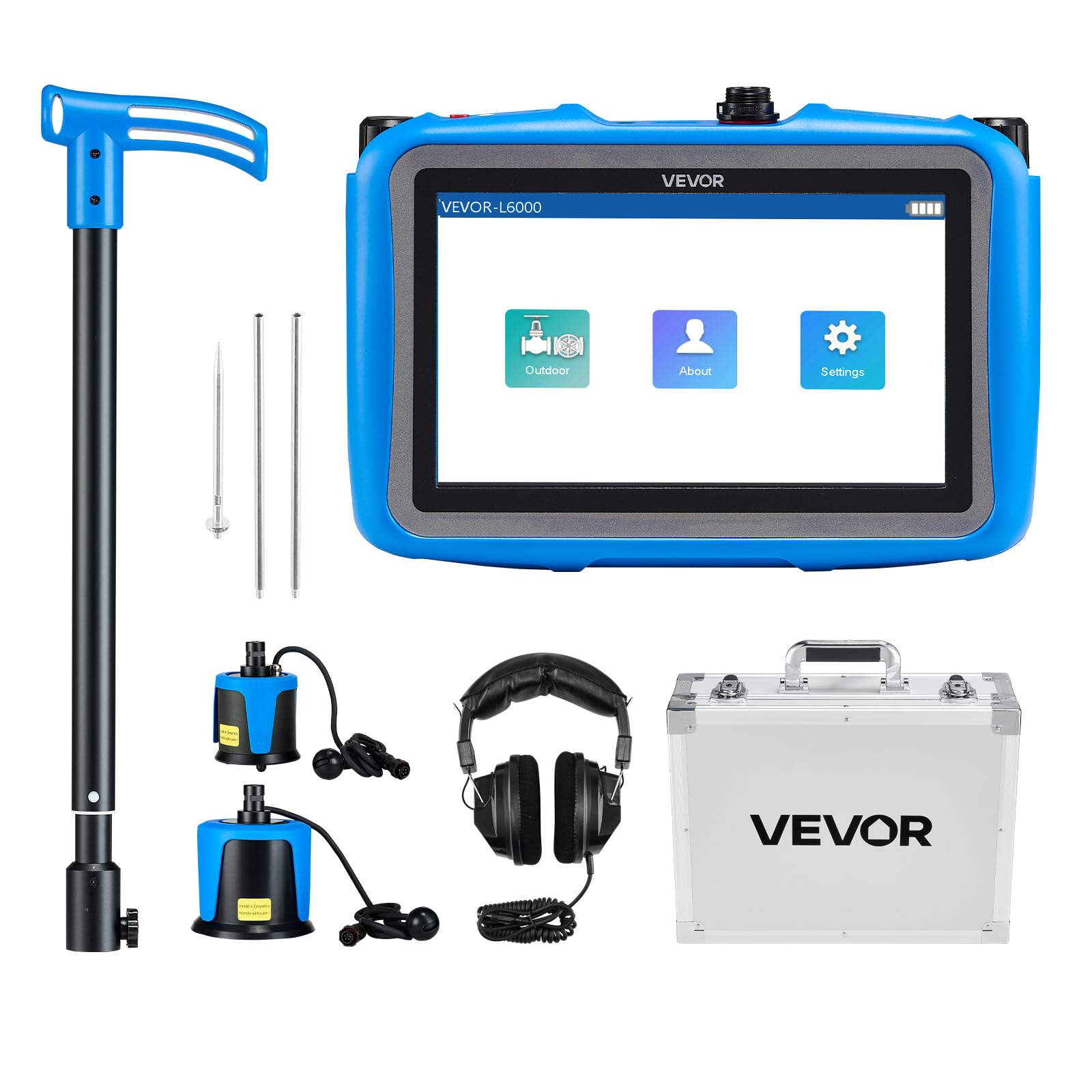 VEVOR Détecteur de Fuite Eau Canalisations Souterraines Extérieur Profondeur 5 m, 1-​10000 Hz, Écran Tactile LCD, avec Capteur Moyen et Grand, 3 Sondes Écoute, Casque, Étui Transport, pour Plomberie