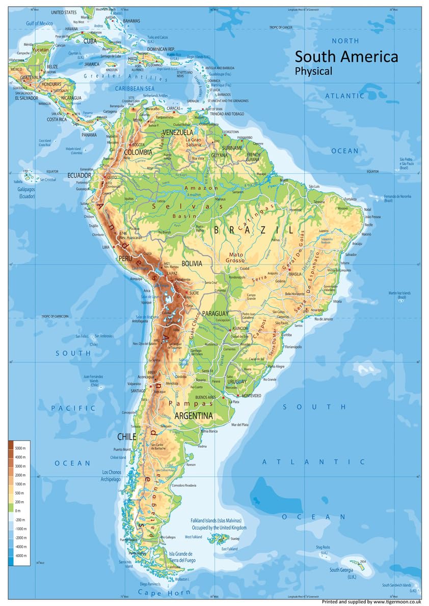 Physical Map of South America - Size A2-42 x 59.4 cm - Paper Laminated