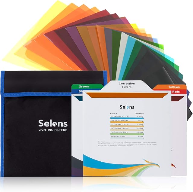 Selens 20PCS Lighting Gels Filter Color Correction Transparent Flash Gel Light Sheet Film Overlays for Strobe Spotlight Photography Photo Studio Video Party Reading Craft, 20 Assorted 25x25cm