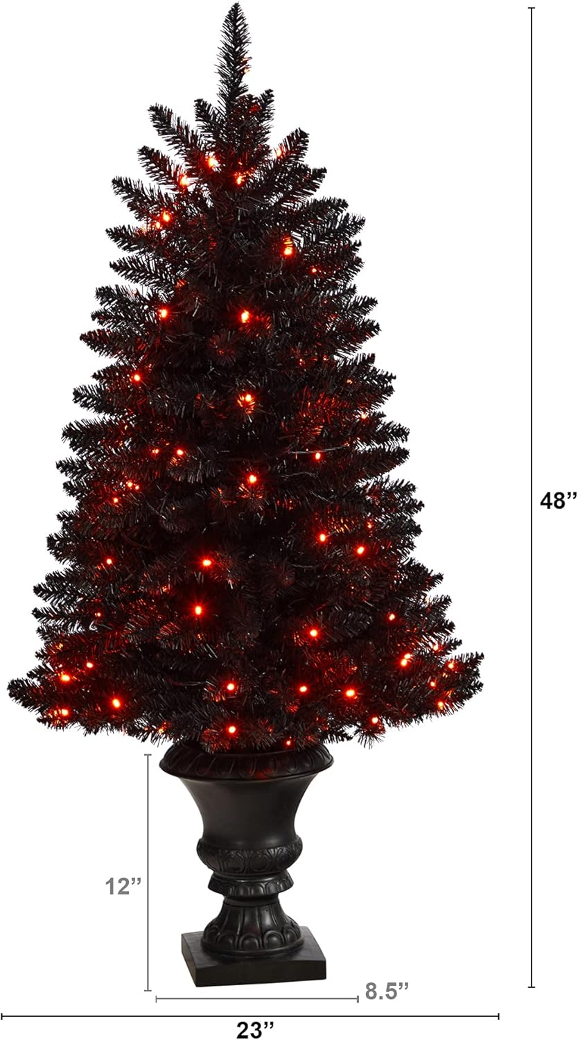 Nearly Natural 4ft. Black Halloween Artificial Christmas Tree in Urn with 100 Orange LED Lights