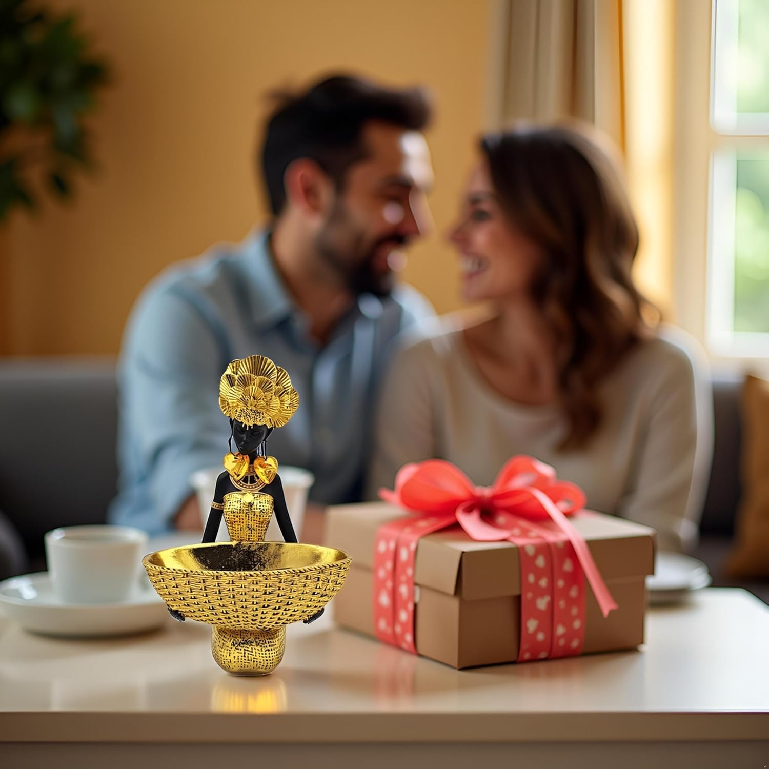 African Tribal Statue - Tribal Lady Figure Sculpture Tray,Coffee Table/Office/Shelf/Living Room Handmade Home Decor - Best Gift for Birthday/Anniversary/Wedding (Gold) - Image 9