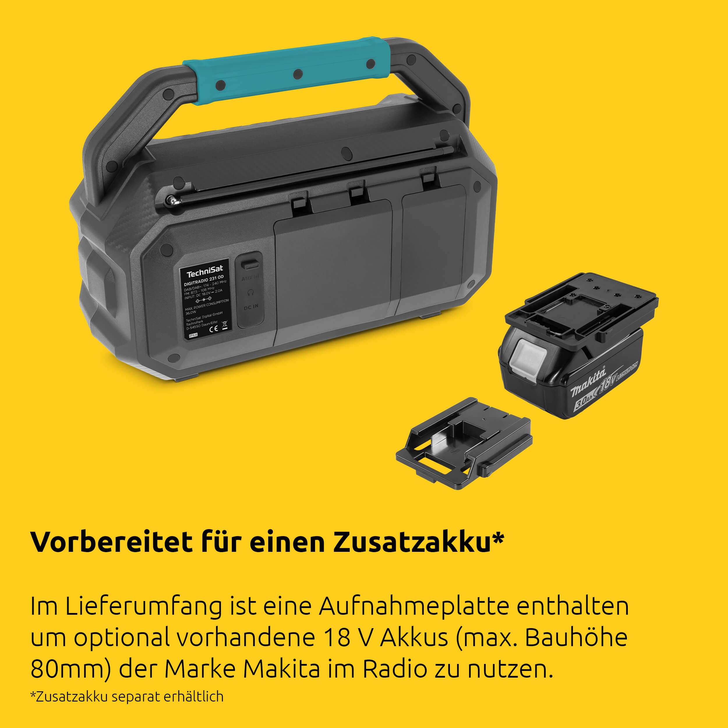 TechniSat Viola 231 OD – Makita Akku kompatibles Baustellenradio (DAB+, UKW, AUX in, Bluetooth, IPX4 Spritzwassergeschützt, 2 x 15 W Stereo Lautsprecher)