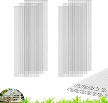 Quibbay 6PCS Polycarbonate Greenhouse Panels Sheets, 6 x 2 x 0.32 Three-Layer Honeycomb Panels, UV Protected Corrugated Plastic Roof Panels, Clear Replacement Panels for Greenhouse Covering