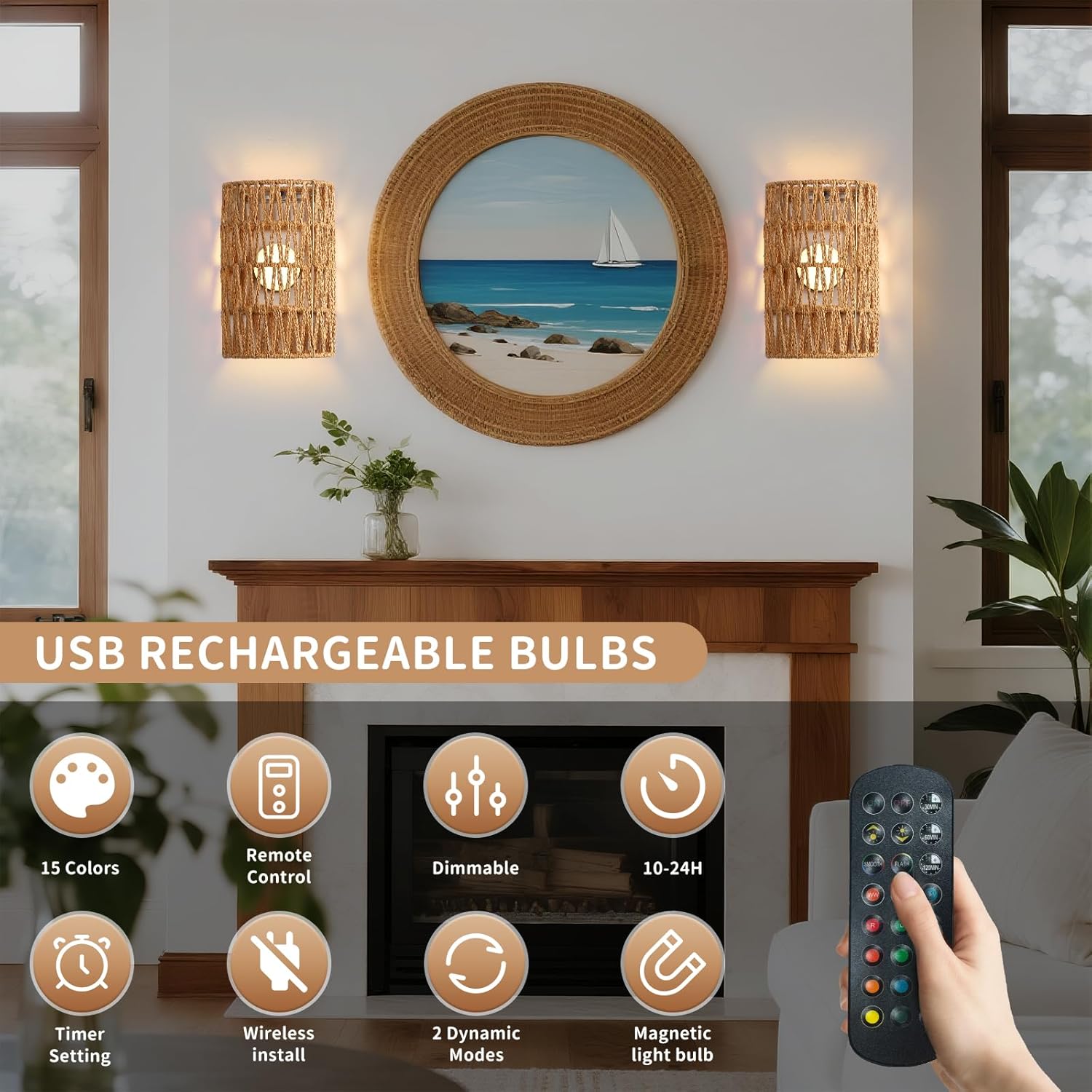 Battery Powered Wall Sconce, Rattan Rechargeable Wall lamp, Bohemian Wall Sconces with Remote Control RGB Dimmable, Wireless Wall Sconce Set of 2 for Bedroom, Hallway, Living Room