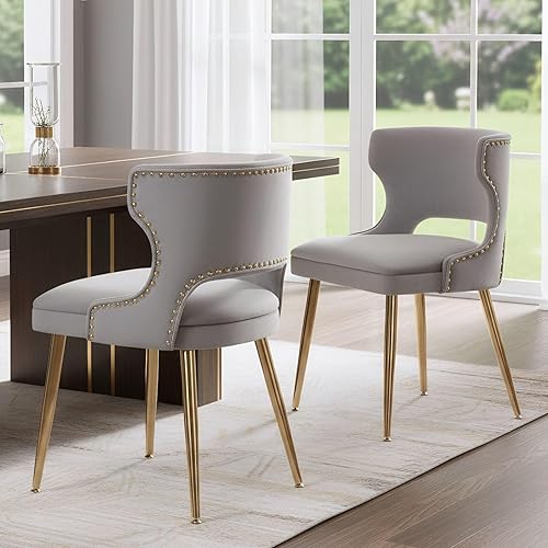 Miniatura 22 de Juego de 4 sillas de comedor de terciopelo beige con patas doradas, juego de 4 sillas de comedor modernas de mediados de siglo con respaldo de
