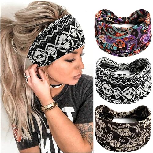 GORTIN Boho Headbands Leopard Hair Bands Knoted Turban Headband Stretch Twist Head Wraps Stripe Cloth Head Bands for Women and Girls 3 Pcs (Stylish)