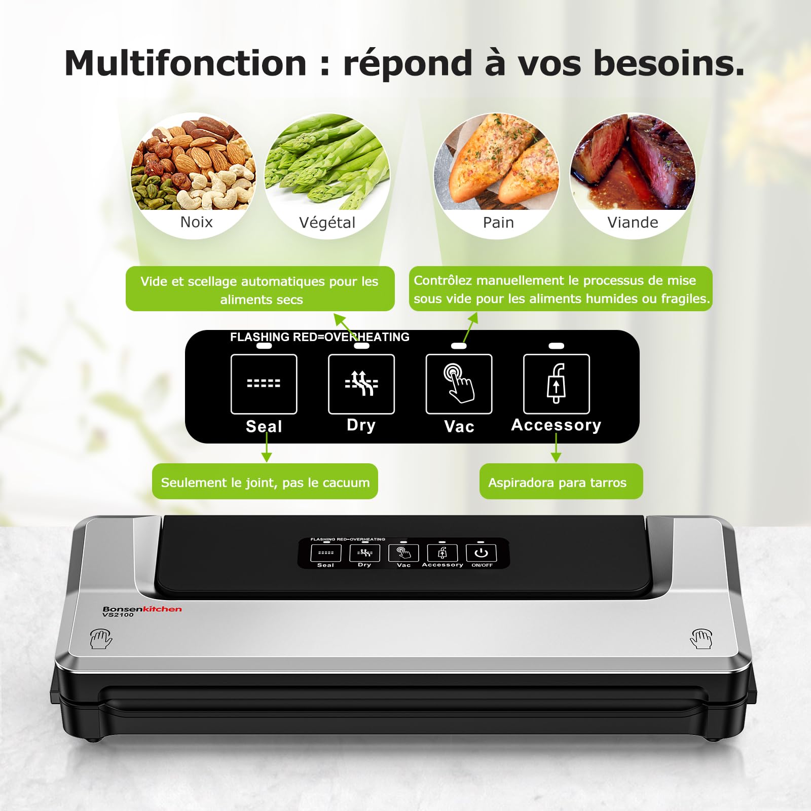 Bonsenkitchen Machine Sous Vide Alimentaire - Appareil de Mise Sous Vide pour La Cuisson Sous Vide et La Conservation des Aliments Frais, Y 5 Compris Les Sacs Sous Vide