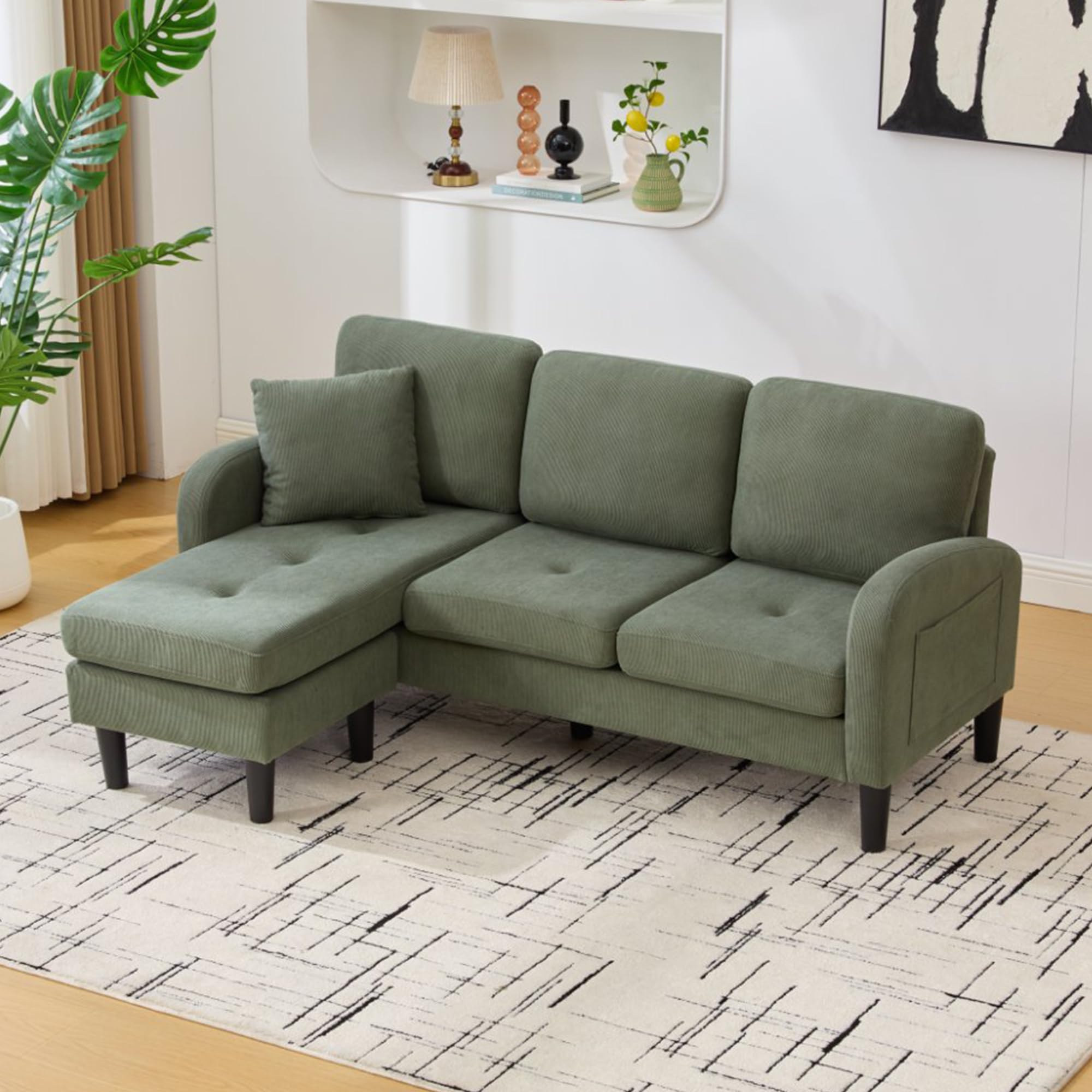 DRIXNO Ecksofa mit Chaiselongue, 3-Sitzer L-förmiges Sofa, 166 x 118 x 77 cm, Atmungsaktiver Baumwoll-Leinenstoff, Kunststoffbeine, Modulares Design, für Wohnzimmer, Apartments und Büros, Grün