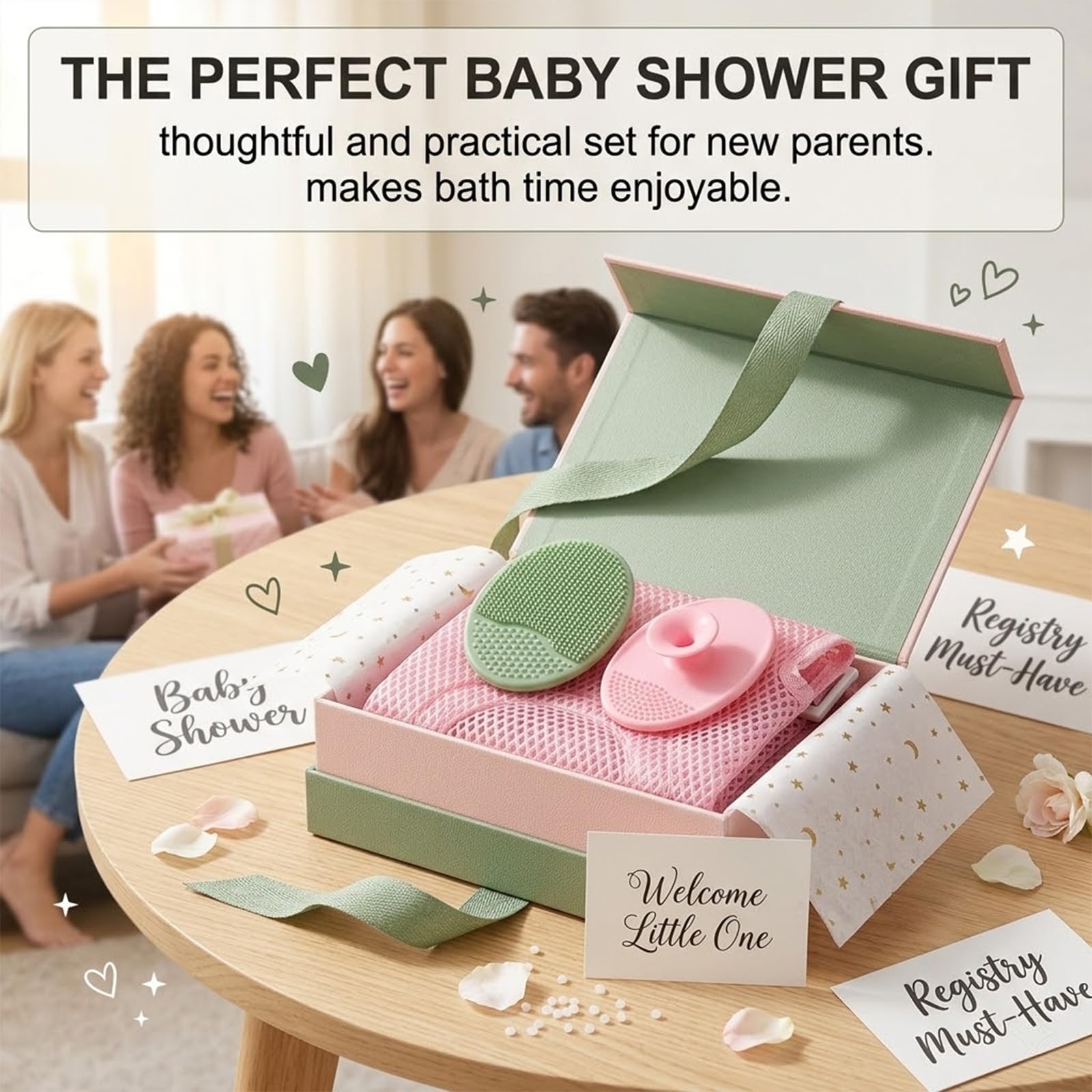 1 Pièce Hamac de Bain Antidérapant pour Bébé, Support de Siège pour Nouveau-né, Pliable et Portable, Deux Brosses à Shampooing Incluses (5 Coins) (Rose)
