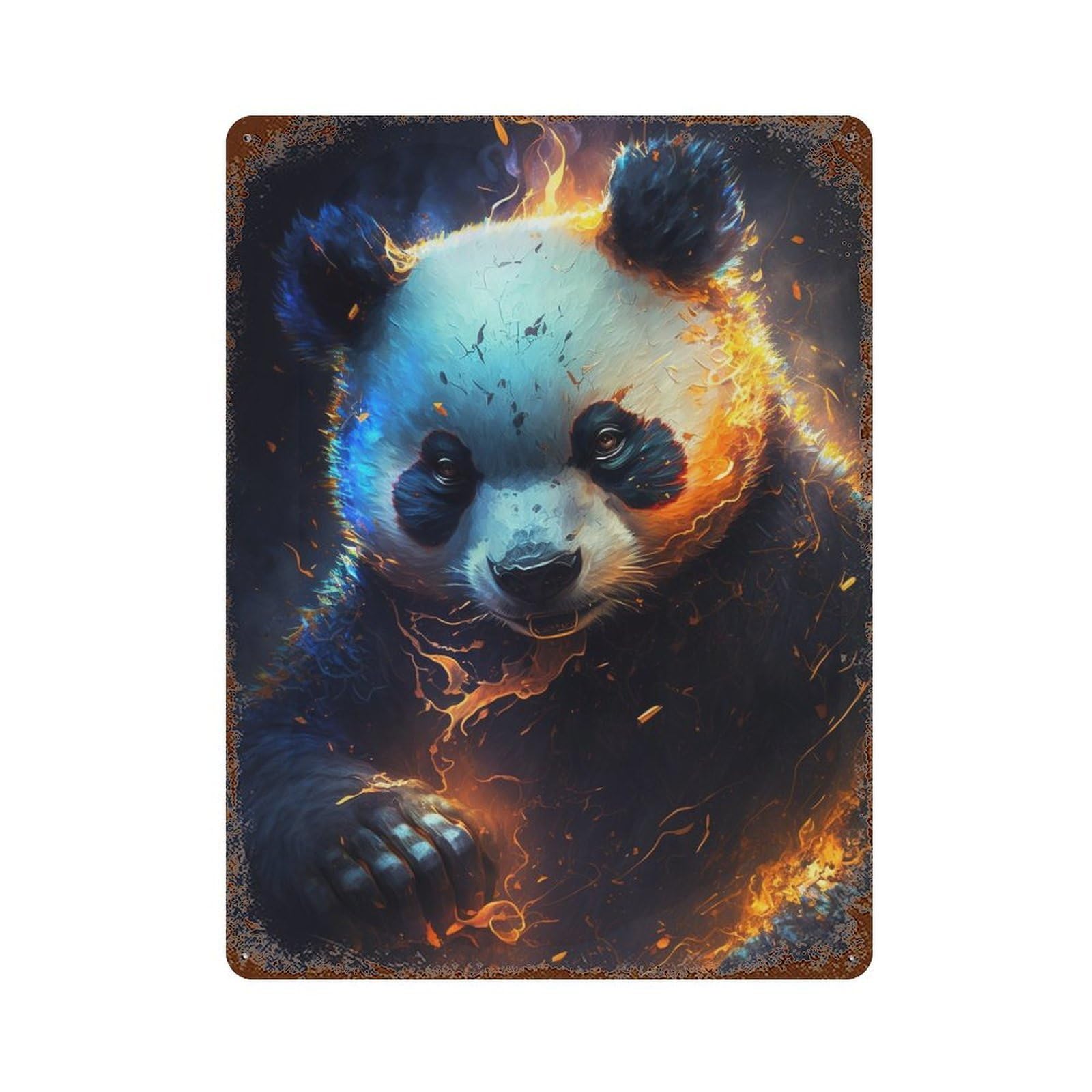 Flaming Panda Art Print -2 15.7"x11.8" Weathered Tin Sign, Rustic Home Decor for Living Room, Hallway And Home Decor