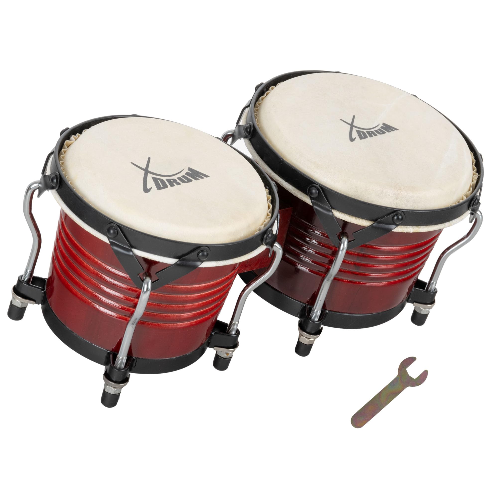XDrum Bongos Pro Tobacco - 2 Tamburi con diametro 6,5" (17 cm) e 7,5" (20 cm) - Bonghi con pelli naturali accordabili, chiave di accordatura e supporto - Tamburi in legno marrone