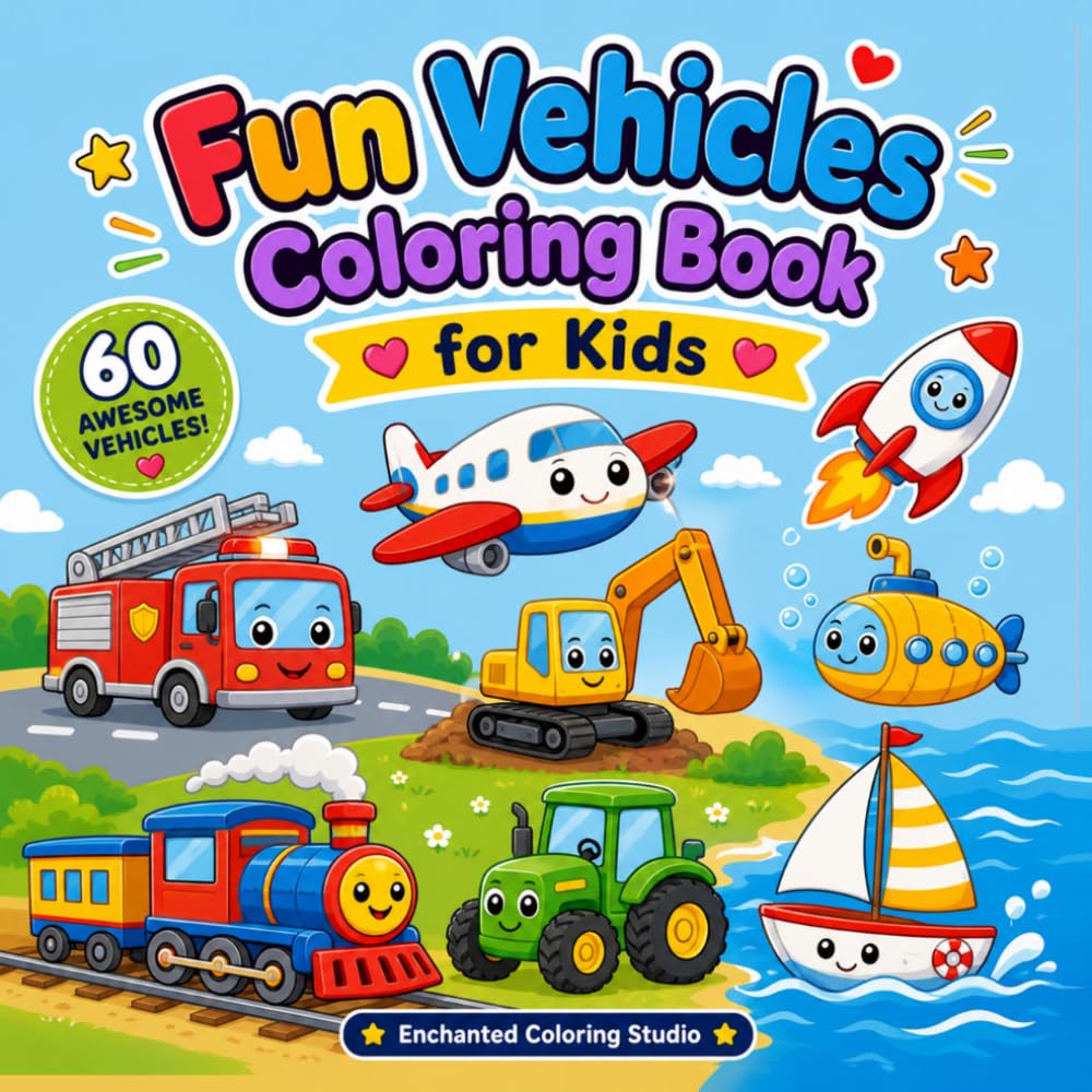 Fun Vehicles Coloring Book for Kids Ages 3–6: Cars, Trucks, Planes, Boats & More! 60 Fun and Easy Designs to Color