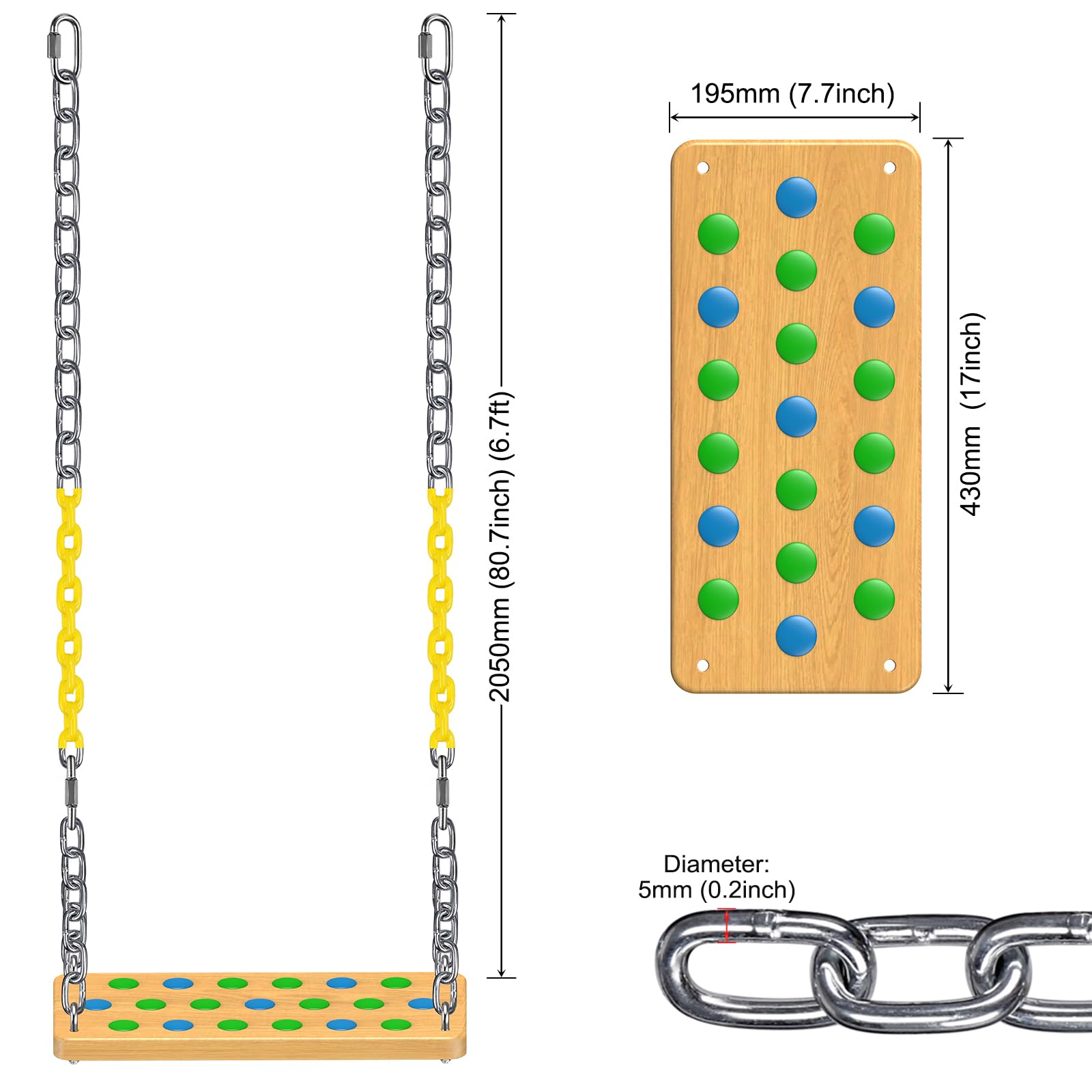 SELEWARE Sedile per altalena in legno per bambini e adulti, sedile piatto antiscivolo di ricambio con catena, set di altalene per parco giochi, accessori per altalena da giardino all'aperto
