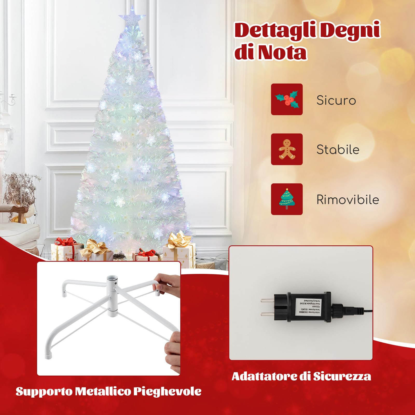 COSTWAY Albero di Natale Pre-illuminato in Fibra Ottica 120/150/180/210 cm, Albero di Natale Bianco con Foglie Iridescenti, Luci a LED a Fiocco di Neve Multicolore, Luce Superiore a Stella (210 CM)