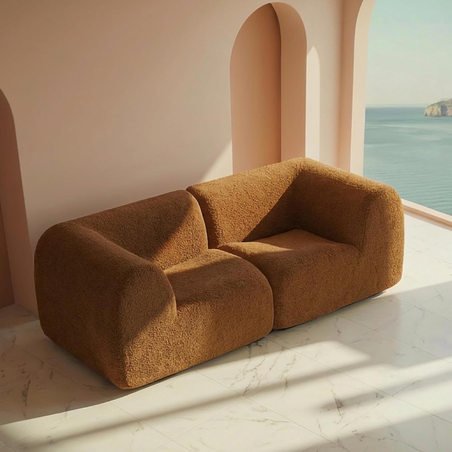 Curved Sectional Modular Couch with Chaise, Modern 76.38'' Boneless Sofa with Deep Seat, Sherpa Boucle Cloud Couch for Living Room, Cozy Teddy Loveseat Couches, No Assembly, Brown