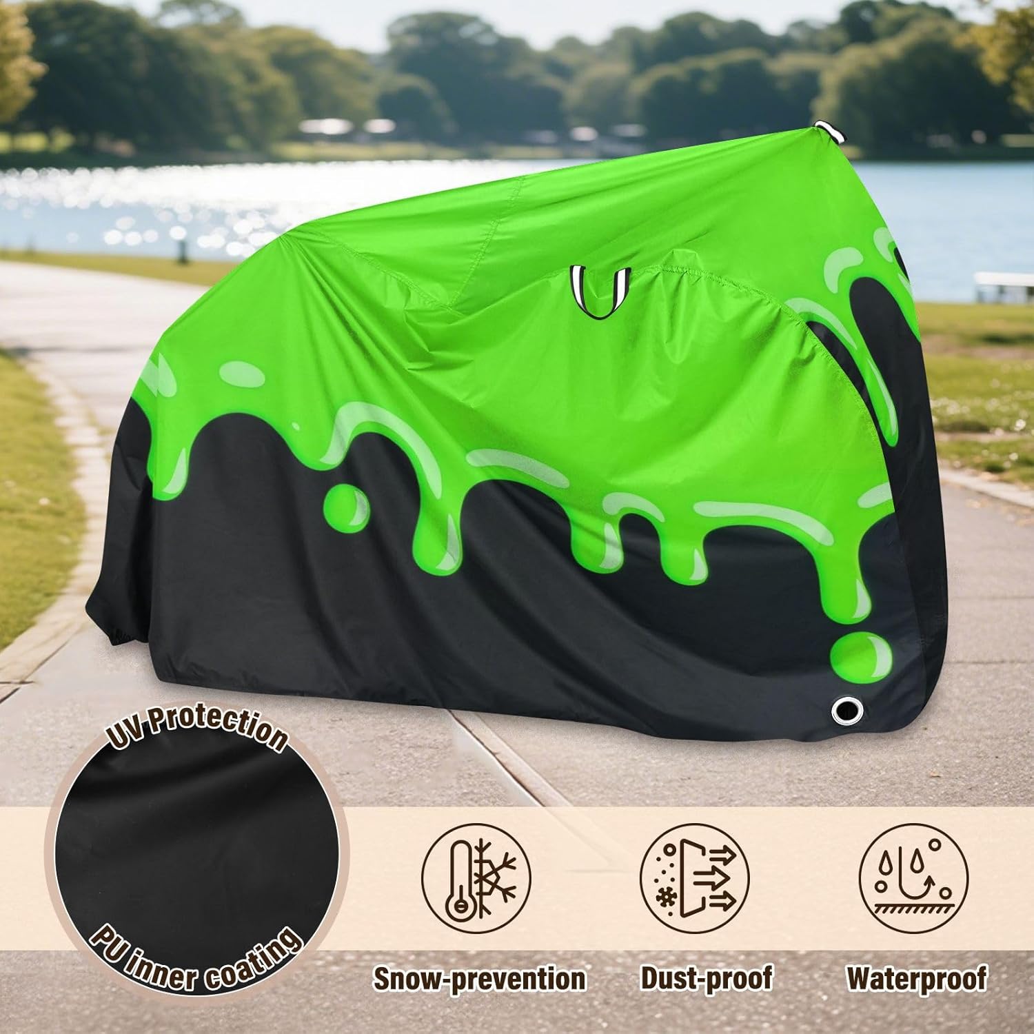 Green Drip Design on Black Bike Cover Uv Resistant Exercise Bike Cover Bikes Storage