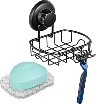 HASKO accessories Suction Soap Dish with Hooks - Super Powerful Vacuum Suction Cup Shower Soap Holder - Rustproof Stainless Steel SS304 Soap Basket - Sponge Holder for Bathroom & Kitchen Black