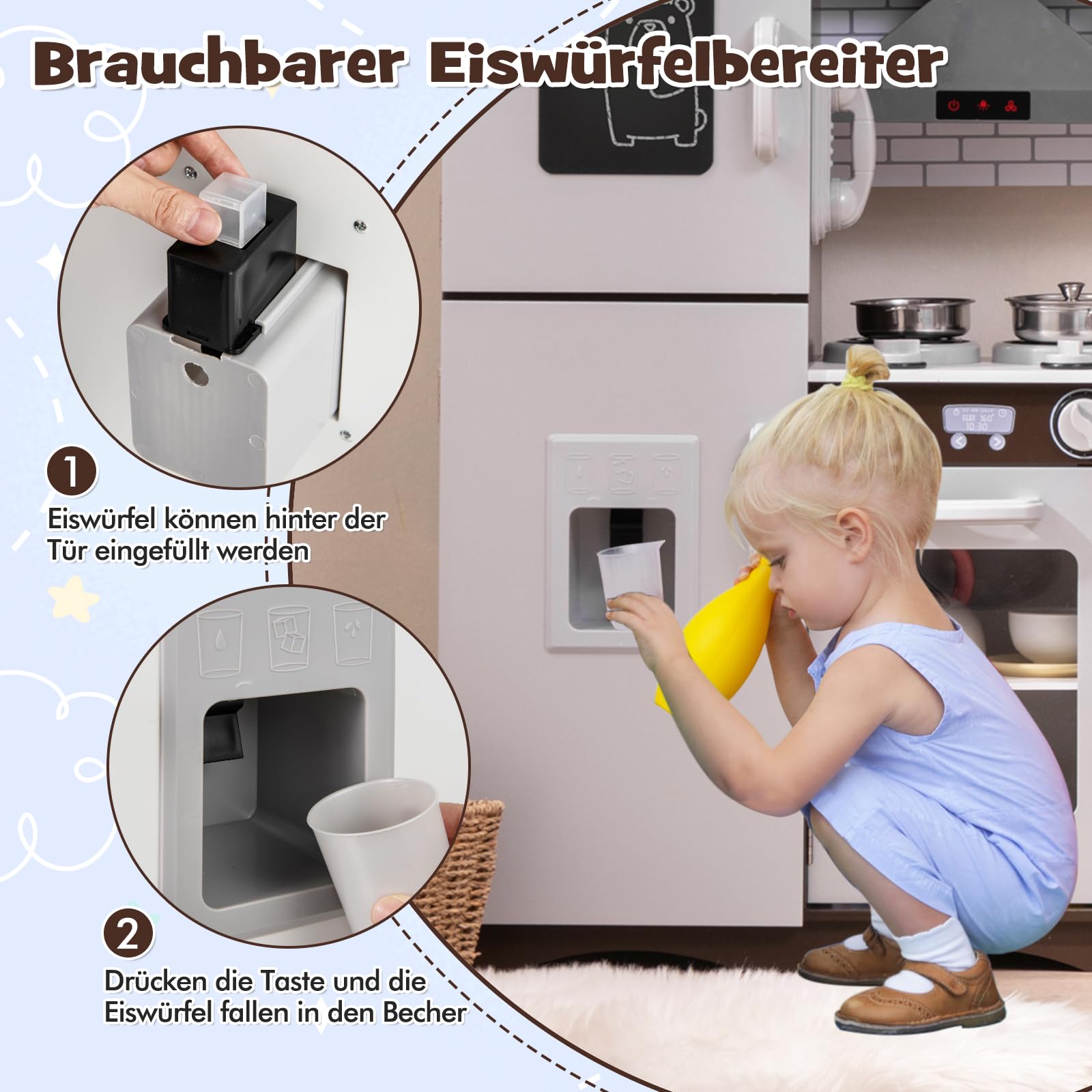 COSTWAY Kinderküche Holz, Eck Spielküche mit Licht & Sound, inkl. 7 Zubehör, Spielzeugküche mit Herd, Spüle, Eismaschine, Mikrowelle, Waschmaschine, Dunstabzugshaube, Telefon, für Kinder ab 3 Jahren