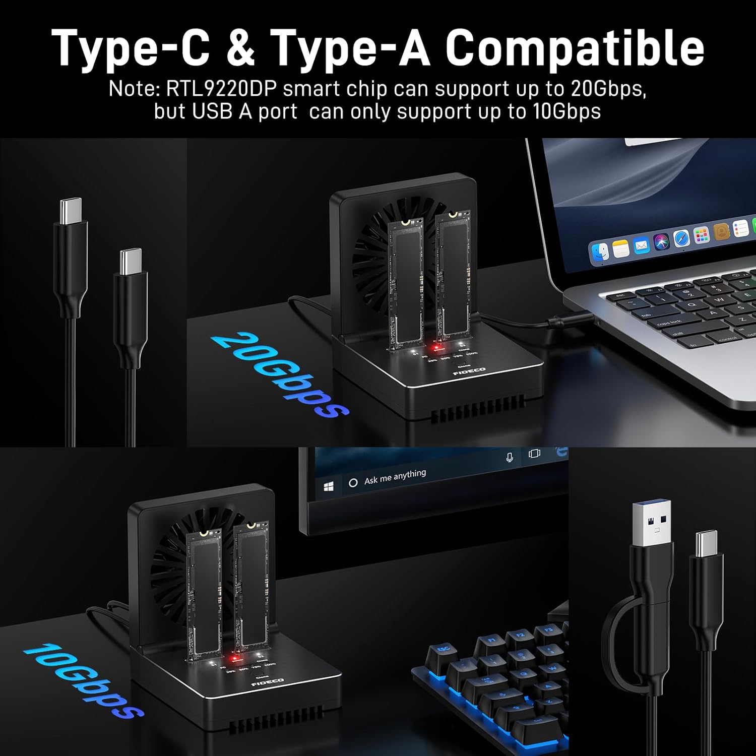 FIDECO M.2 NVMe SATA SSD Cloner Dock connected to a laptop via USB-C cable for 20Gbps transfer, and to a desktop via USB-A cable for 10Gbps transfer.