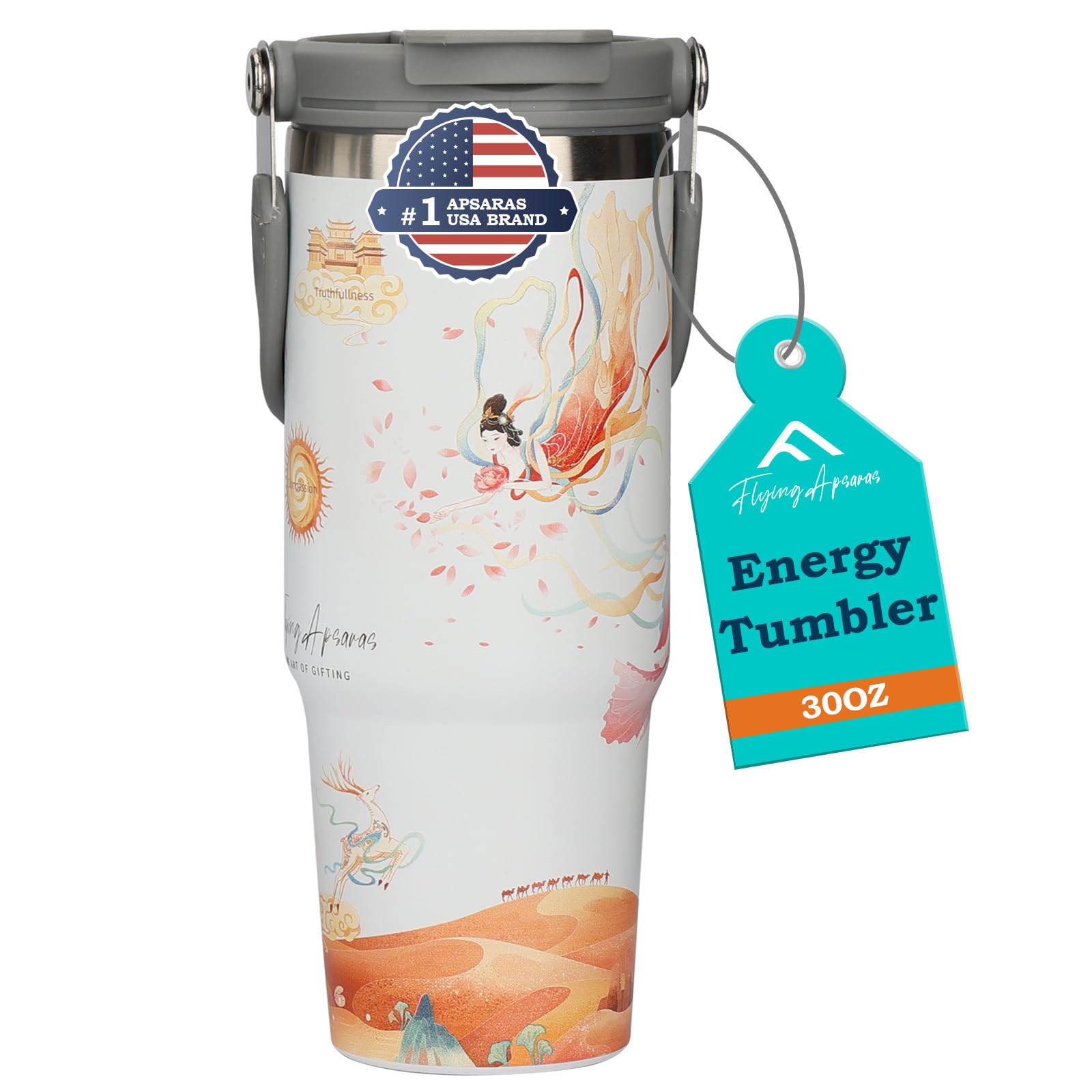 APSARAS 30 oz Stainless Steel Tumbler with Lid and Straw,Vacuum Insulated Bottle with Flip Straw and Top Handle, Reusable Insulated Water Bottle for Home, Office, Leak proof