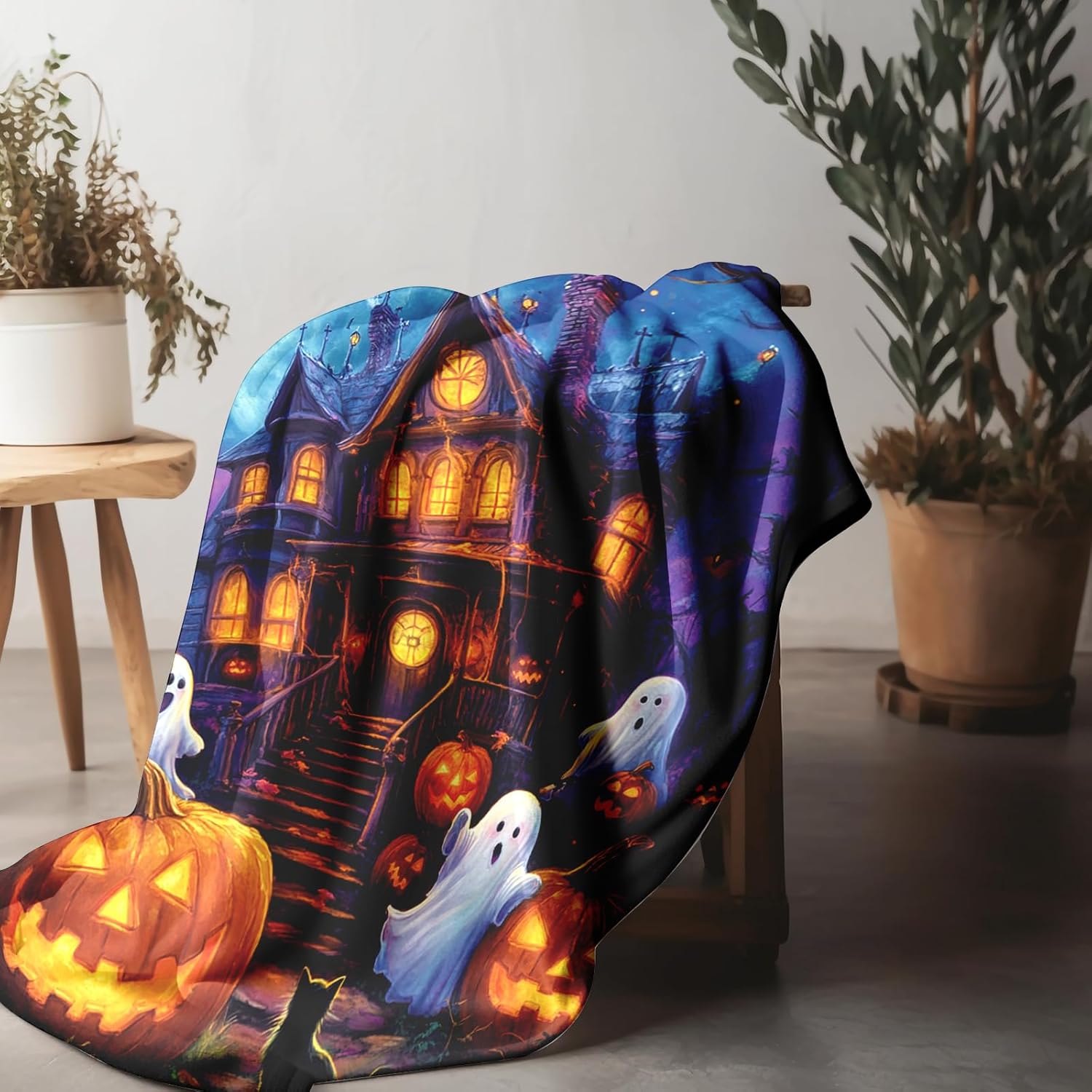 Halloween Blanket Throw - Printed with Jack-O-Lantern Boo Ghost Bat Castle Soft Fuzzy Plush Cozy Flannel Blankets for Couch Sofa Bed Lounging Throw, Ideal Gifts for Kids Adults (Style 03, 60"x80")