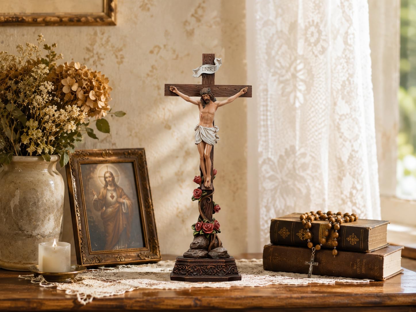 Grace4Joy Stehendes Kruzifix, katholisch, 36,7 cm, Kreuz: Jesus Christus, Tischstehendes Kreuz mit Rosenverzierung, handbemalt, Heim-Altar-Dekor