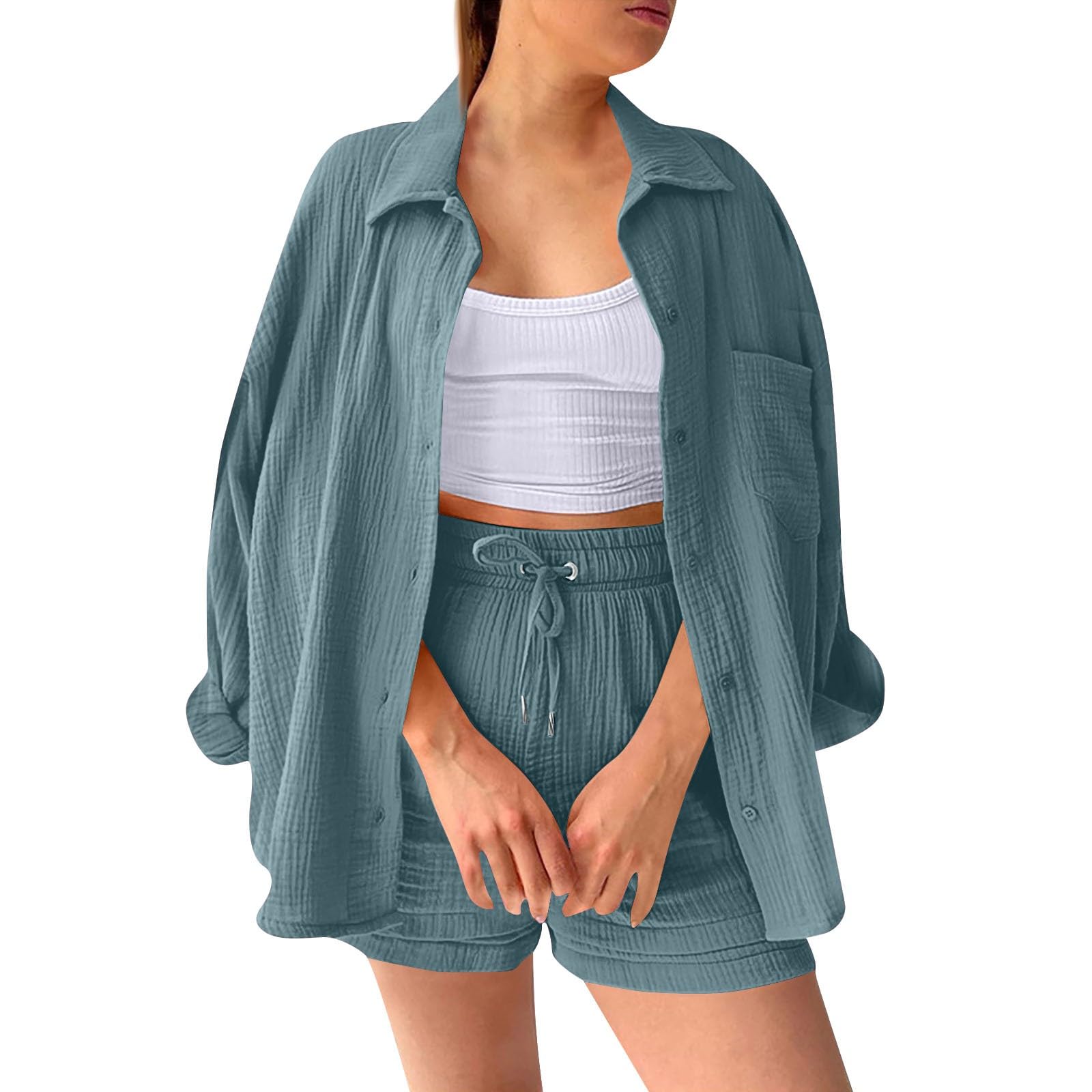 Zweiteiler Damen Sommer, Musselin Bluse Set Elegant Einfarbig Bluse Hemd Und Shorts 2 Teiler Lounge Set Y2K Clothes Baumwolle Sportanzug Oversize Freizeitanzug Hausanzug Outfits Für Strand Urlaub