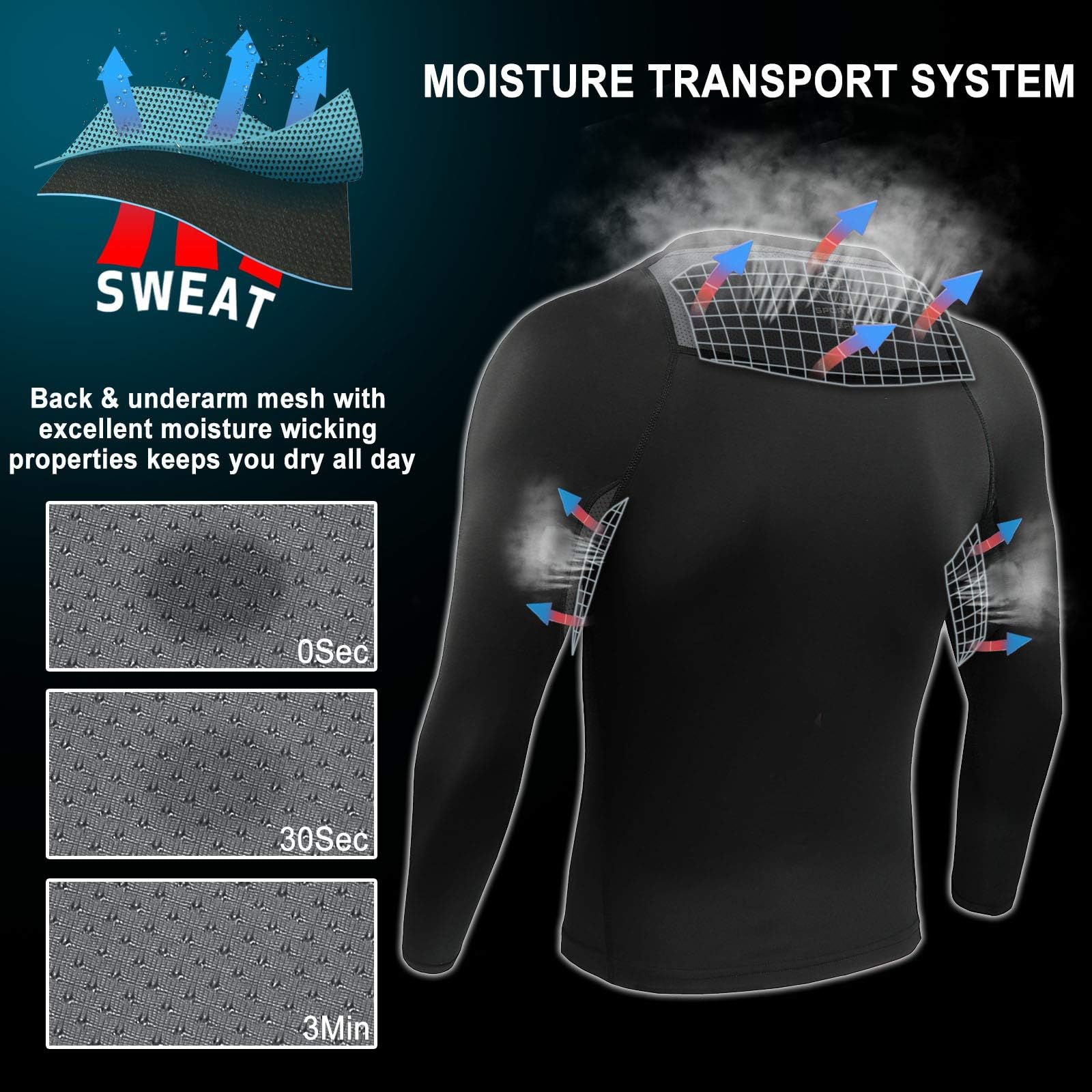 AMZSPORT Camicia a Compressione da Uomo, Maglietta a Maniche Lunghe Cool Dry Layer Fitness Top