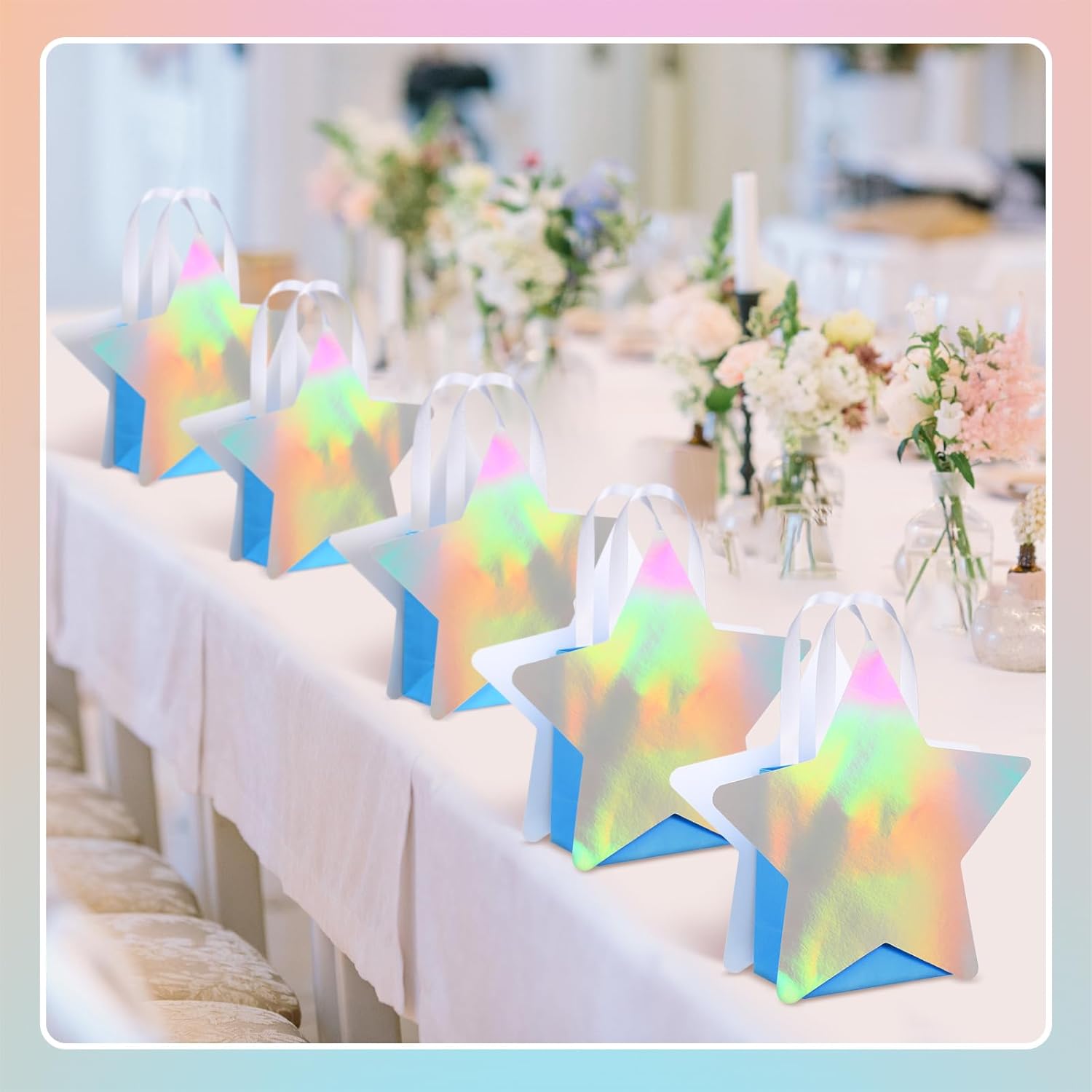 Sweetude 12 Pcs Star Shaped Party Favor Bags with Handle Mini Iridescent Paper Gift Goodie Bags for Holiday Wedding Birthday Party Supplies(Stylish Style) - Image 3