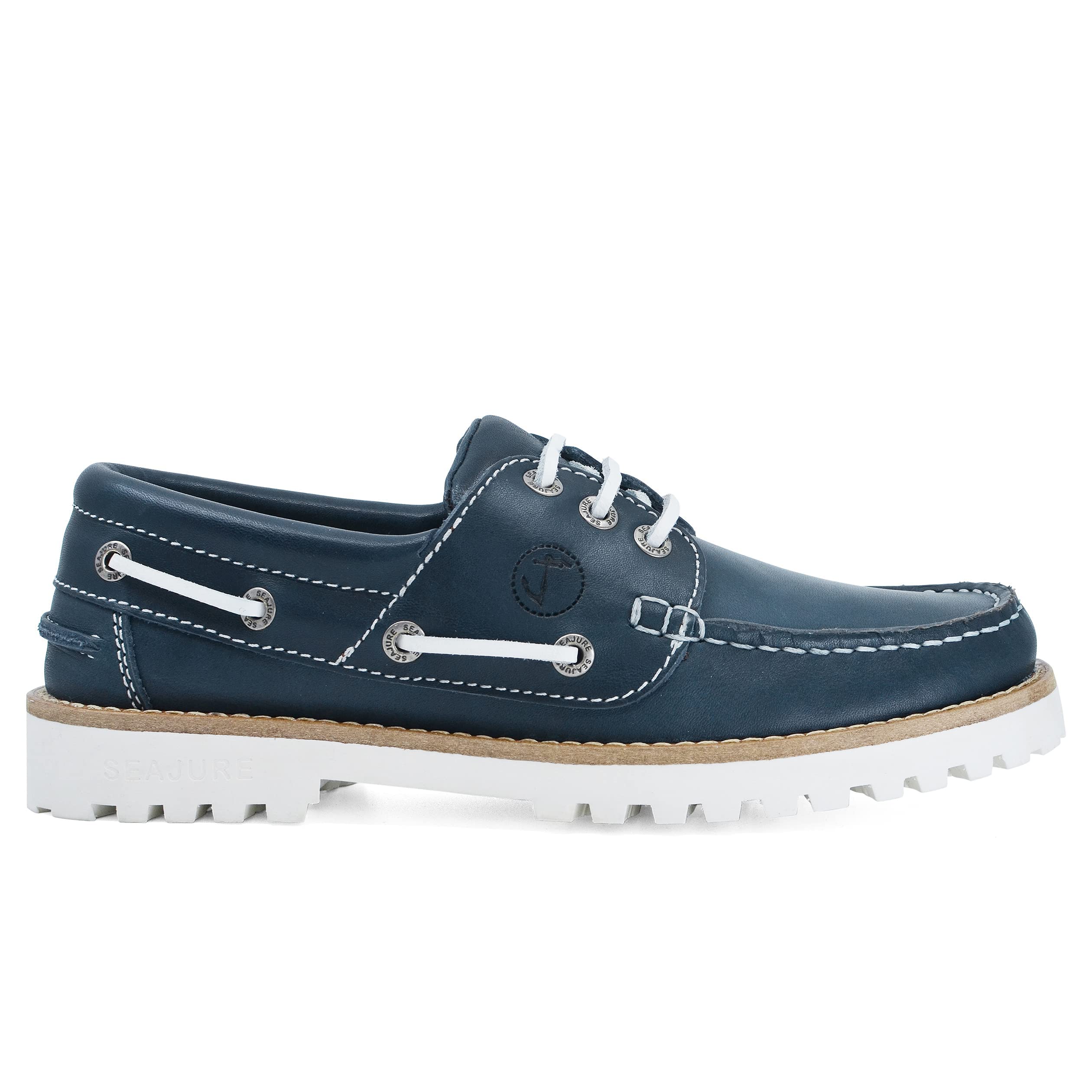 Seajure Chaussures Bateau pour Femme Sibang en Cuir Bleu Marine et Blanc